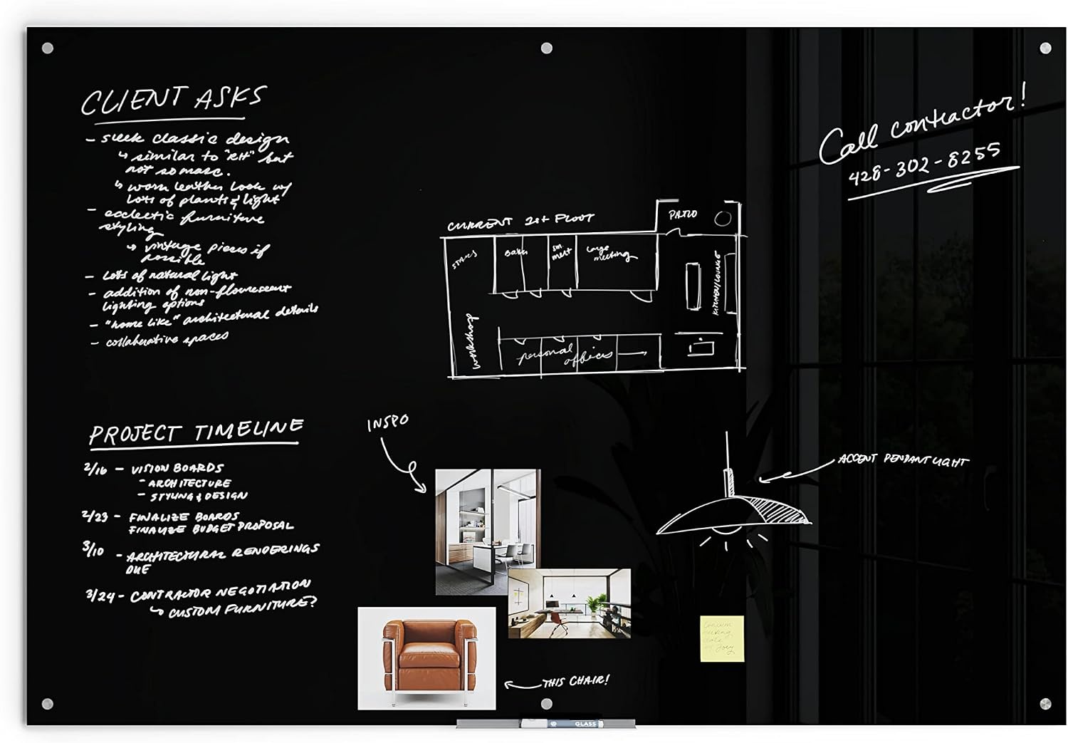 image:imageU Brands Glass Dry Erase Board 24 x 36 Black Surface with Silver Grommets Frameless Includes Marker with Builtin Eraser72W x 48H