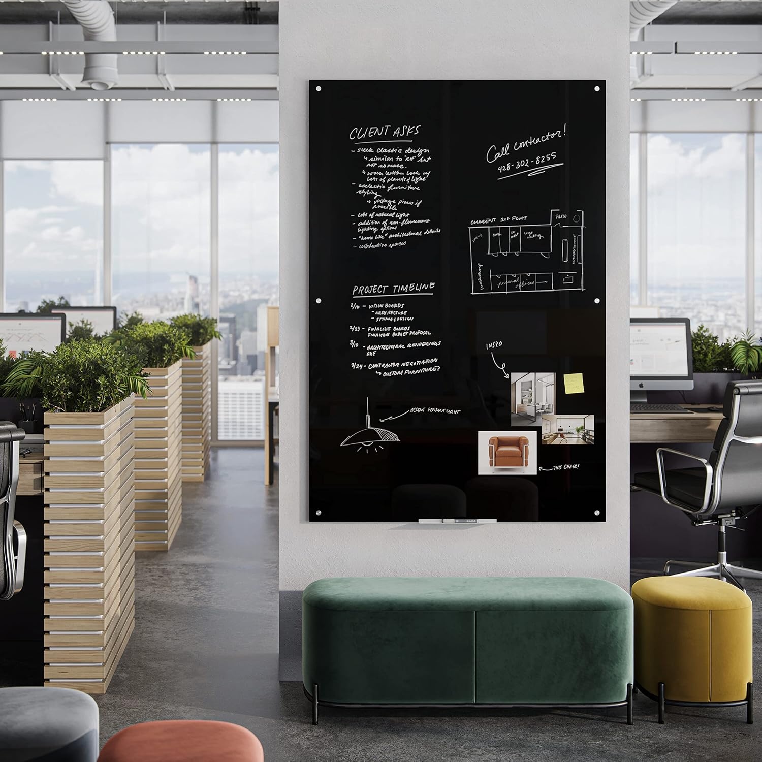image:imageU Brands Glass Dry Erase Board 24 x 36 Black Surface with Silver Grommets Frameless Includes Marker with Builtin Eraser72W x 48H