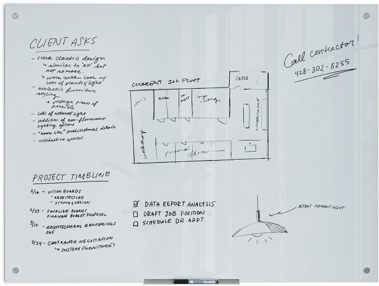 image:imageU Brands Glass Dry Erase Board 36 x 72 White Frosted Surface With Silver Grommets Includes Marker With BuiltIn Eraser48W x 36H