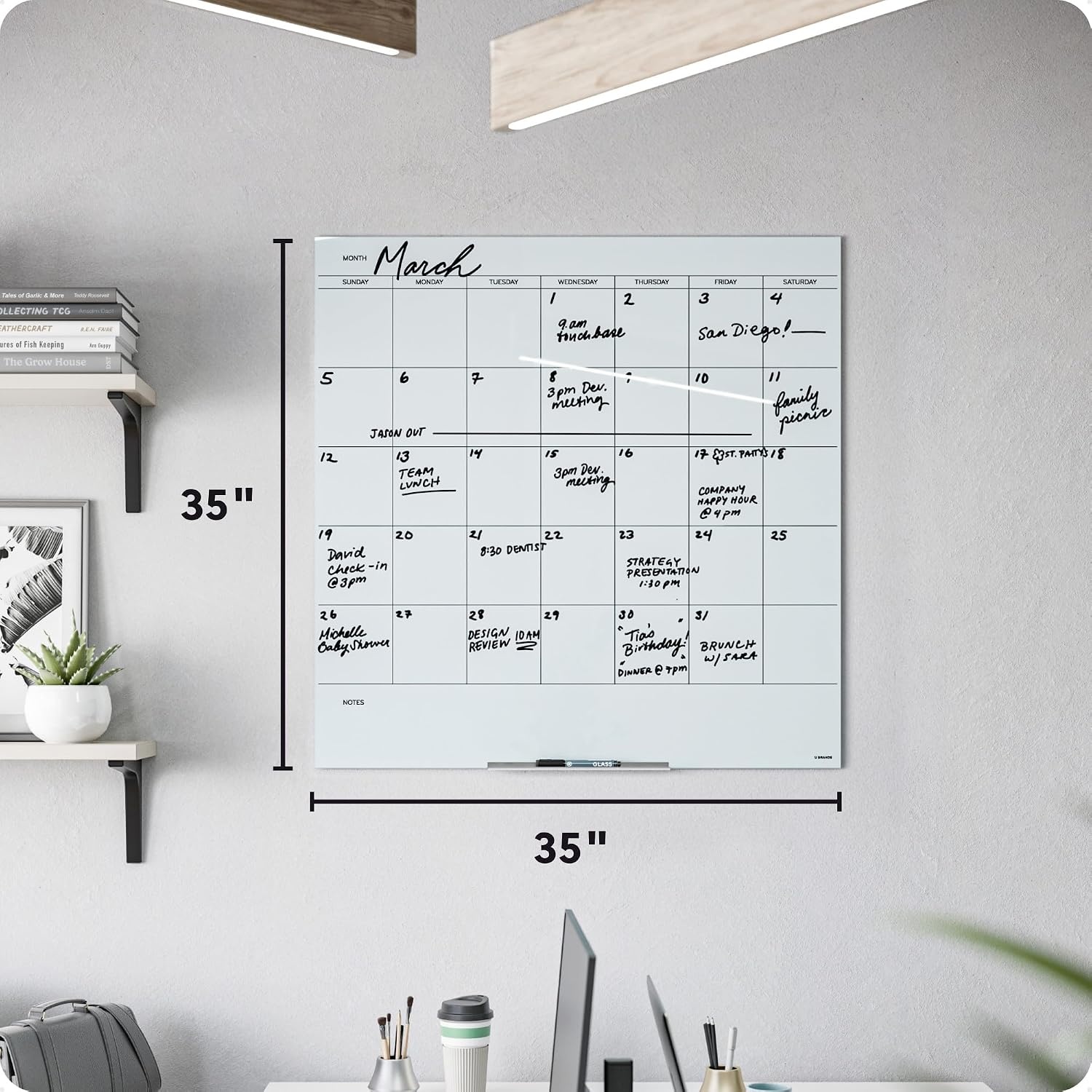 image:imageU Brands Glass Dry Erase Calendar for Wall 36 x 24 Frameless Whiteboard Calendar Board for Wall 3x2 Includes Marker and Tray36W x 36H