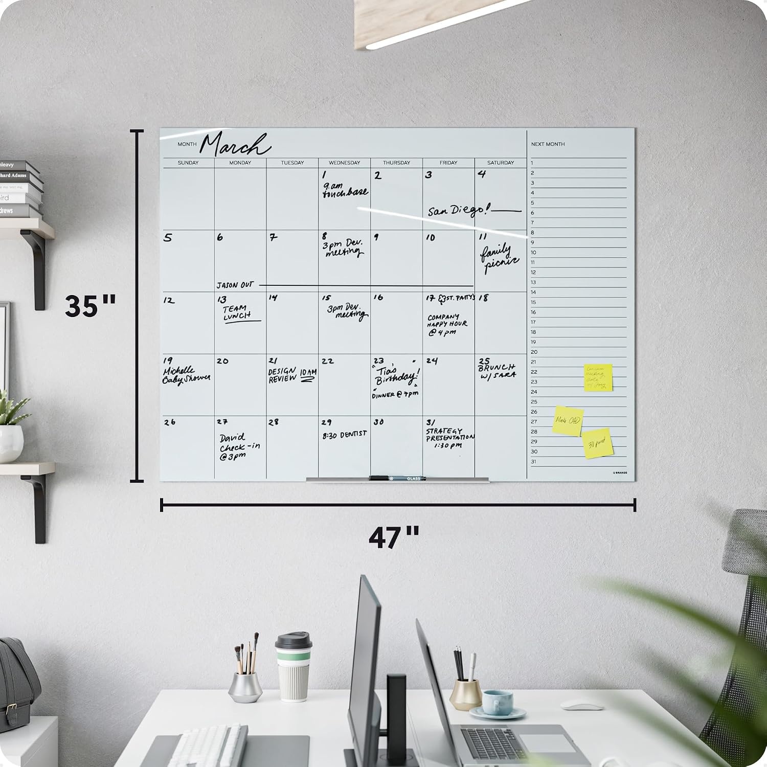 image:imageU Brands Glass Dry Erase Calendar for Wall 36 x 24 Frameless Whiteboard Calendar Board for Wall 3x2 Includes Marker and Tray48W x 36H