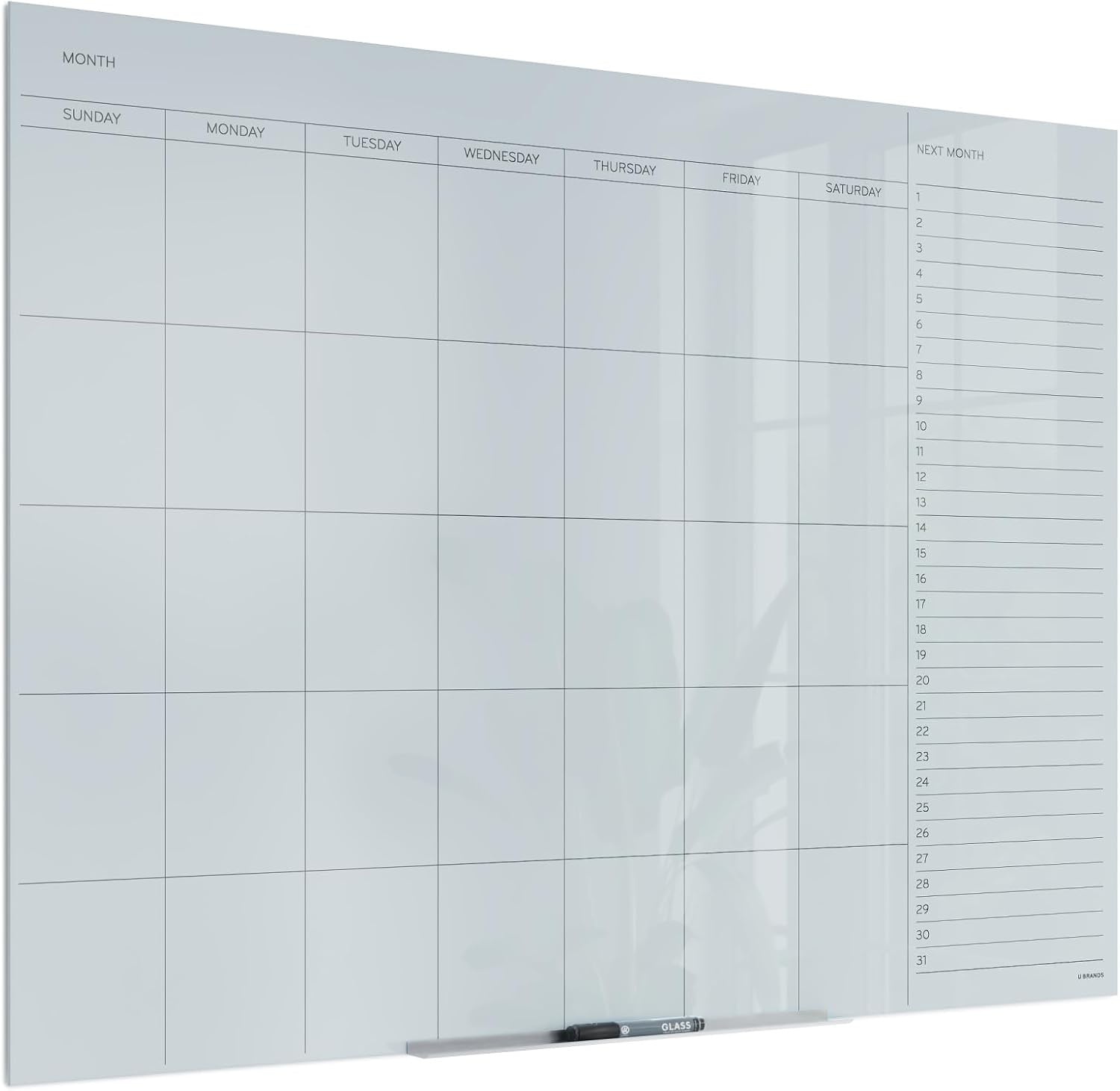 image:imageU Brands Glass Dry Erase Calendar for Wall 36 x 24 Frameless Whiteboard Calendar Board for Wall 3x2 Includes Marker and Tray48W x 36H