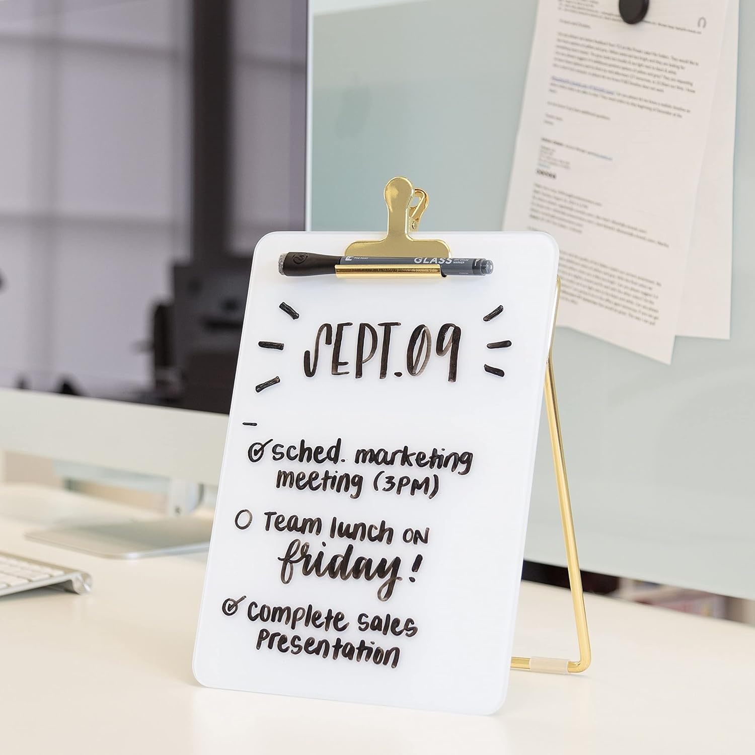 image:imageU Brands Glass DryErase Desktop Easel Tempered Glass Gold Metal Stand Removable Clip9W x 117H