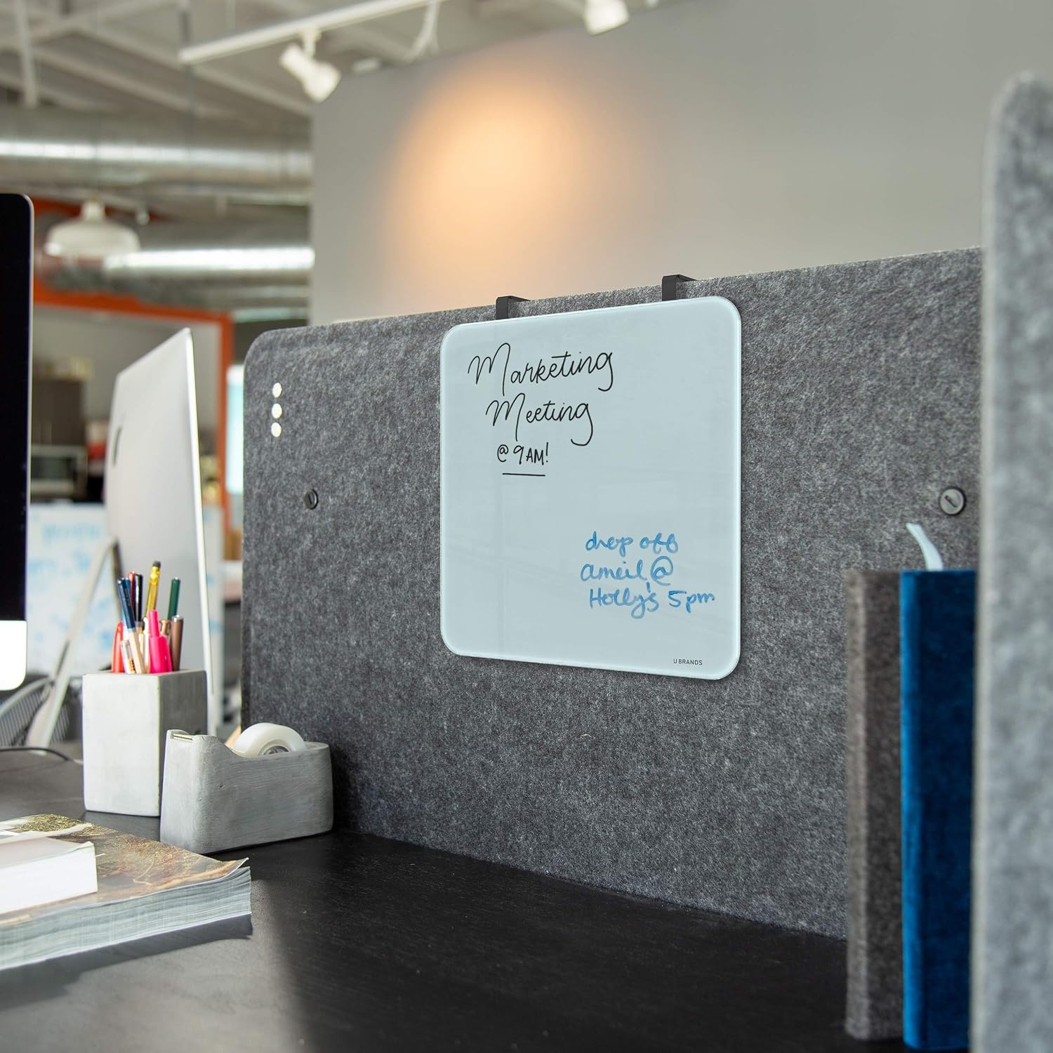 image:imageU Brands Magnetic Cubicle Glass Dry Erase Board 12 x 12 Inches White Frosted Surface Frameless 2343U000412W x 12H