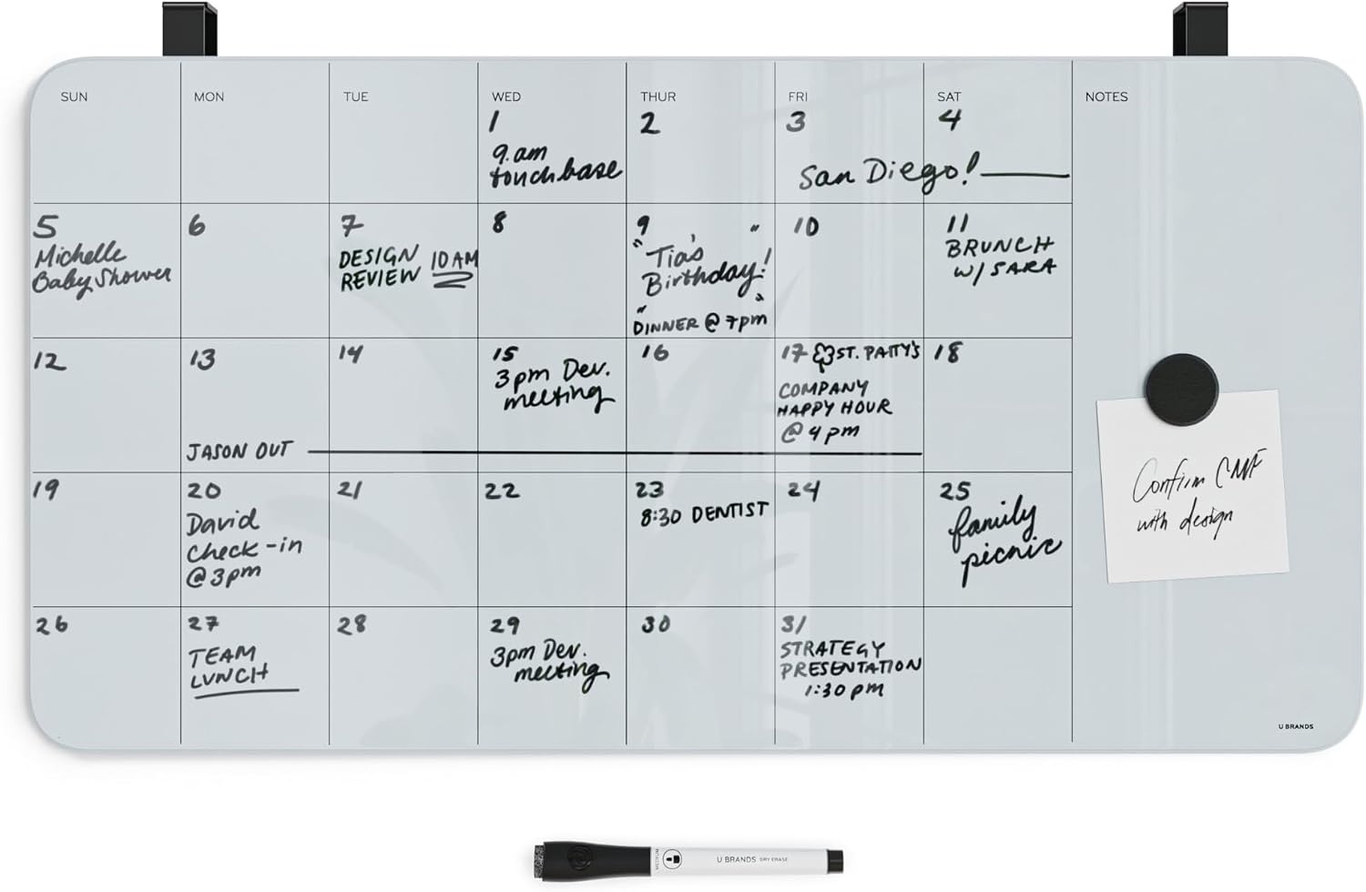 image:imageU Brands Magnetic CubicleWall Glass DryErase Monthly Calendar Board 23 X 12 Inches White Frosted Surface FramelessMonthly