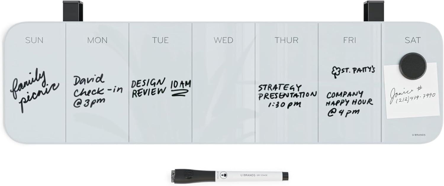 image:imageU Brands Magnetic CubicleWall Glass DryErase Monthly Calendar Board 23 X 12 Inches White Frosted Surface FramelessWeekly