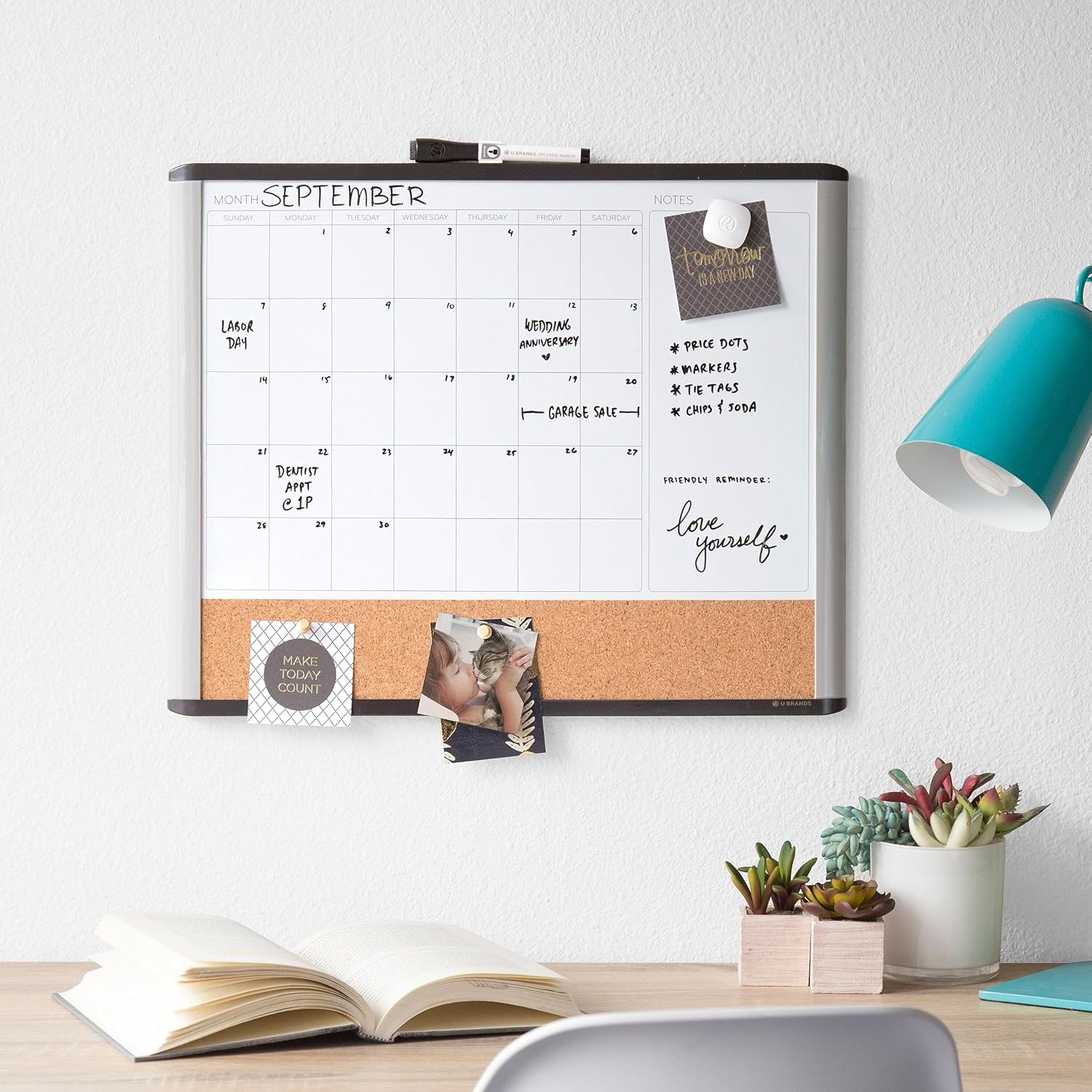 image:imageU Brands Magnetic Dry Erase Calendar White Board 16 x 20 White PinIt Frame Includes Marker and MagnetBlackGray