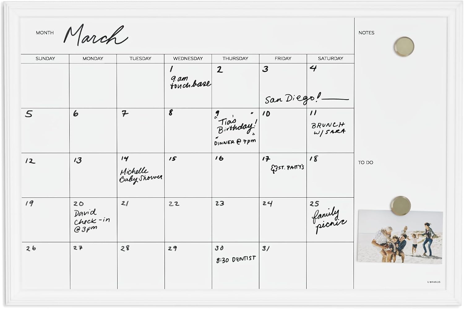 image:imageU Brands Magnetic Dry Erase Calendar White Board 30 x 20 White Wood Style Frame Includes Magnets30W x 20H