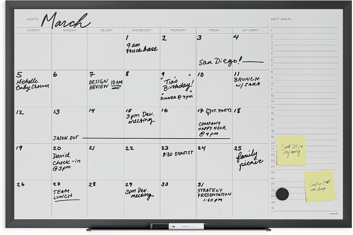 image:imageU Brands Magnetic Dry Erase Calendar White Board 36 x 24 Inches Black Aluminum Frame 2899U0001Black