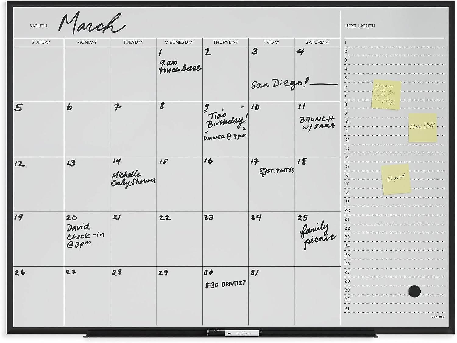 image:imageU Brands Magnetic Dry Erase Calendar White Board 36 x 24 Inches Black Aluminum Frame 2899U0001Black