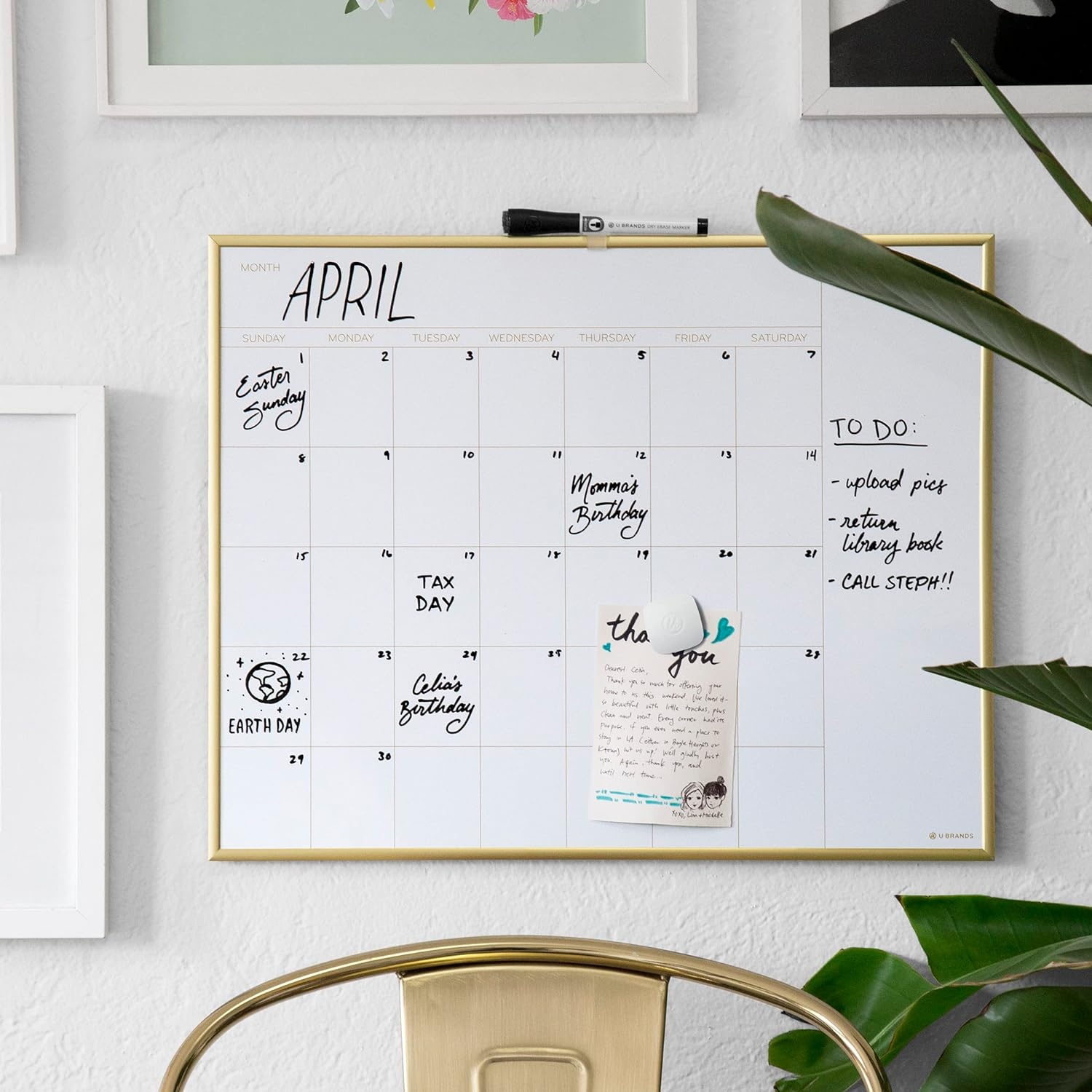 image:imageU Brands Magnetic Dry Erase Monthly Calendar Whiteboard 16 x 20 Gold Aluminum Frame Wall Mounted Planner for Office Home and Classroom Includes Marker and MagnetGold Frame