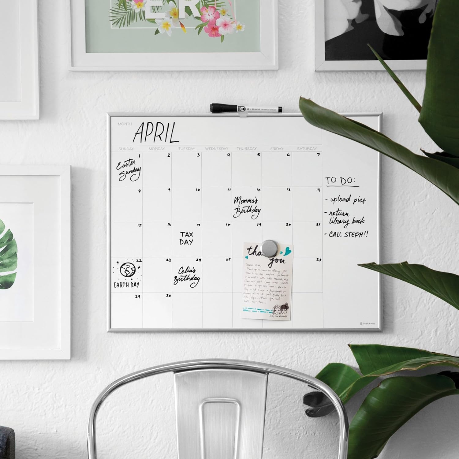 image:imageU Brands Magnetic Dry Erase Monthly Calendar Whiteboard 16 x 20 Gold Aluminum Frame Wall Mounted Planner for Office Home and Classroom Includes Marker and MagnetSilver Frame