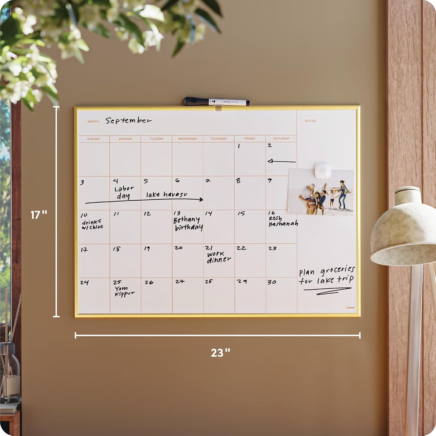 image:imageU Brands Magnetic Dry Erase Monthly Calendar Whiteboard 16 x 20 Gold Aluminum Frame Wall Mounted Planner for Office Home and Classroom Includes Marker and MagnetGold Frame