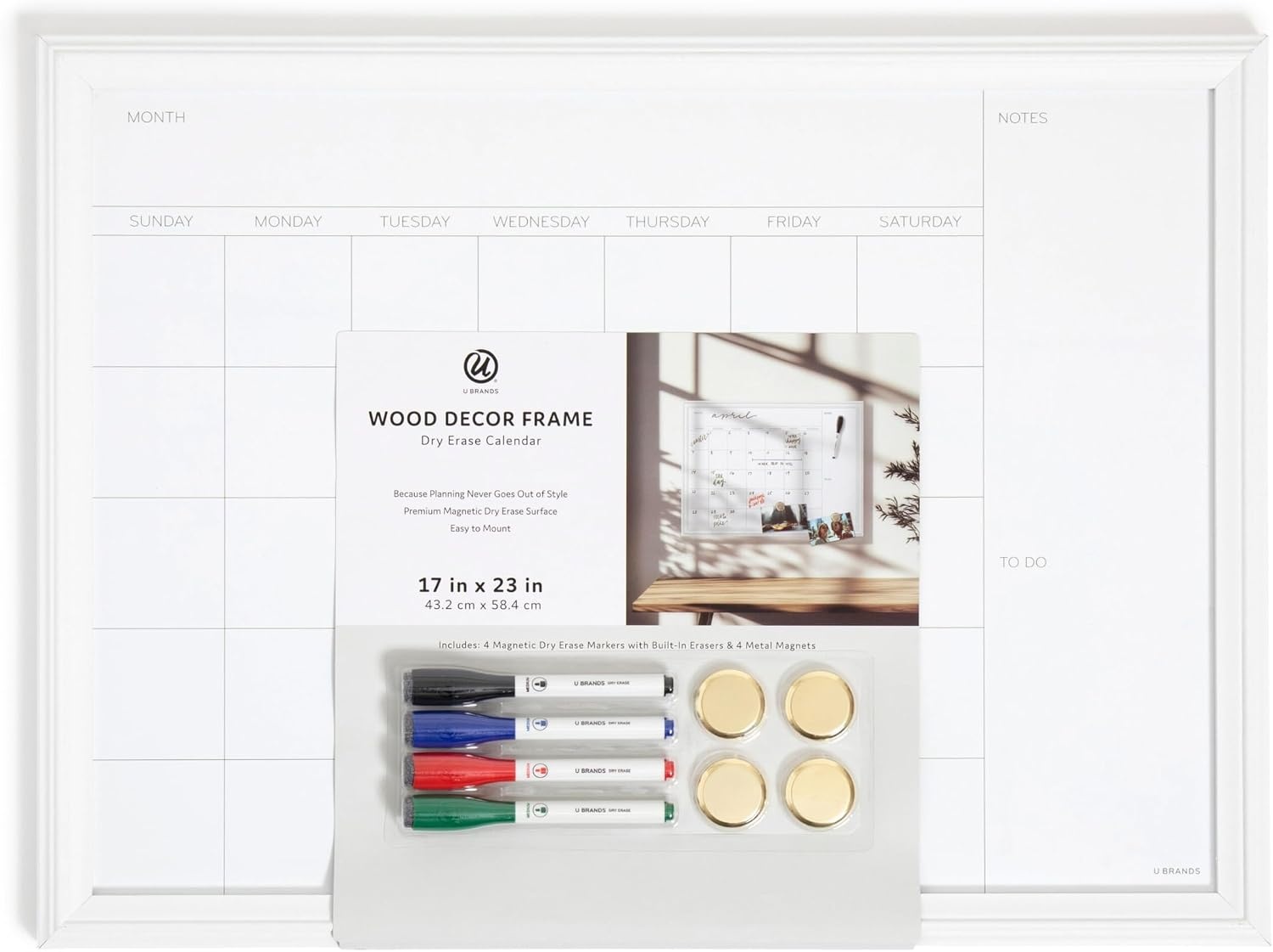 image:imageU Brands Magnetic Dry Erase Monthly Calendar Whiteboard Value Pack 24 x 18 Wall Mounted Planner Board with Wood Style Frame Home Office amp Kitchen Family Command Center Includes Markers amp Magnets