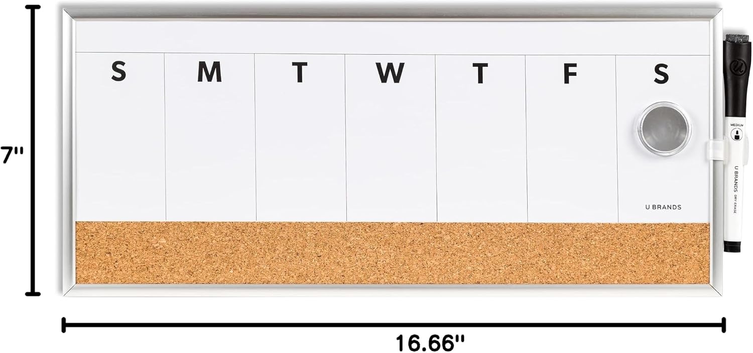 image:imageU Brands Magnetic Dry Erase Weekly Calendar White Board With Cork Strip 18 x 75 Silver Aluminum Frame Includes Magnet Marker17W x 7H