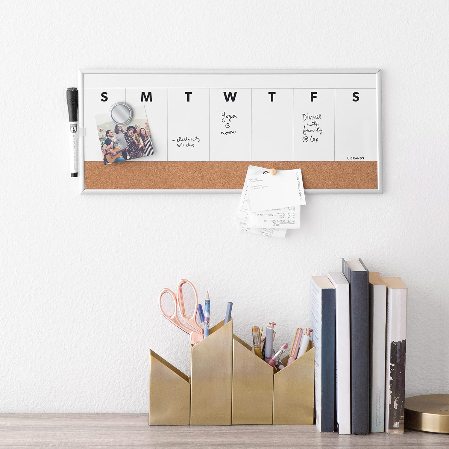 image:imageU Brands Magnetic Dry Erase Weekly Calendar White Board With Cork Strip 18 x 75 Silver Aluminum Frame Includes Magnet Marker17W x 7H