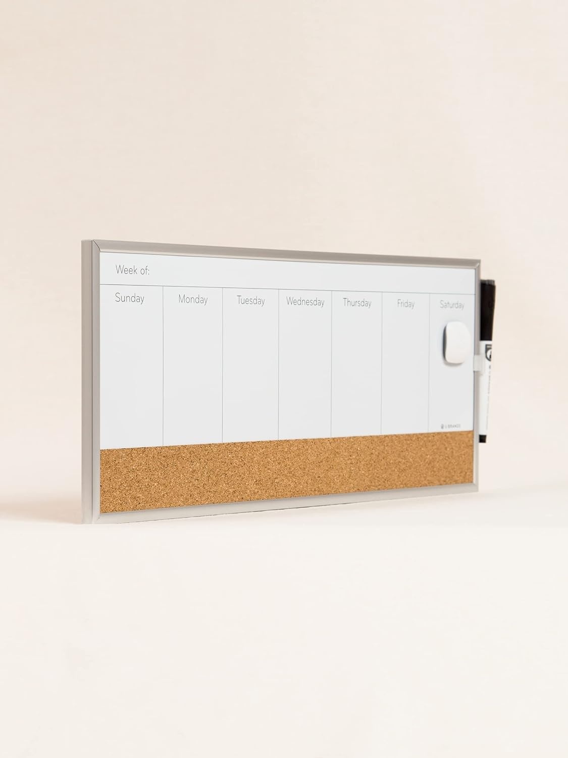 image:imageU Brands Magnetic Dry Erase Weekly Calendar White Board With Cork Strip 18 x 75 Silver Aluminum Frame Includes Magnet Marker18W x 75H