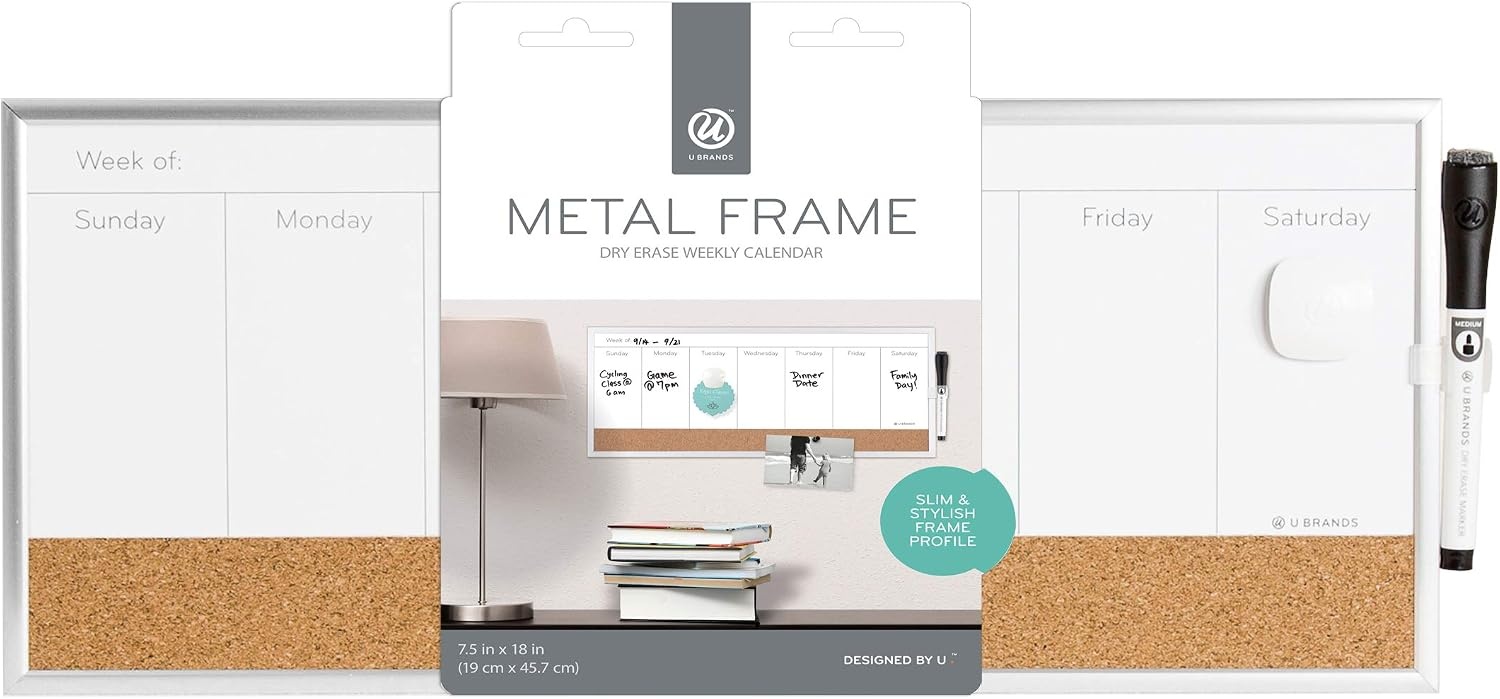 image:imageU Brands Magnetic Dry Erase Weekly Calendar White Board With Cork Strip 18 x 75 Silver Aluminum Frame Includes Magnet Marker18W x 75H