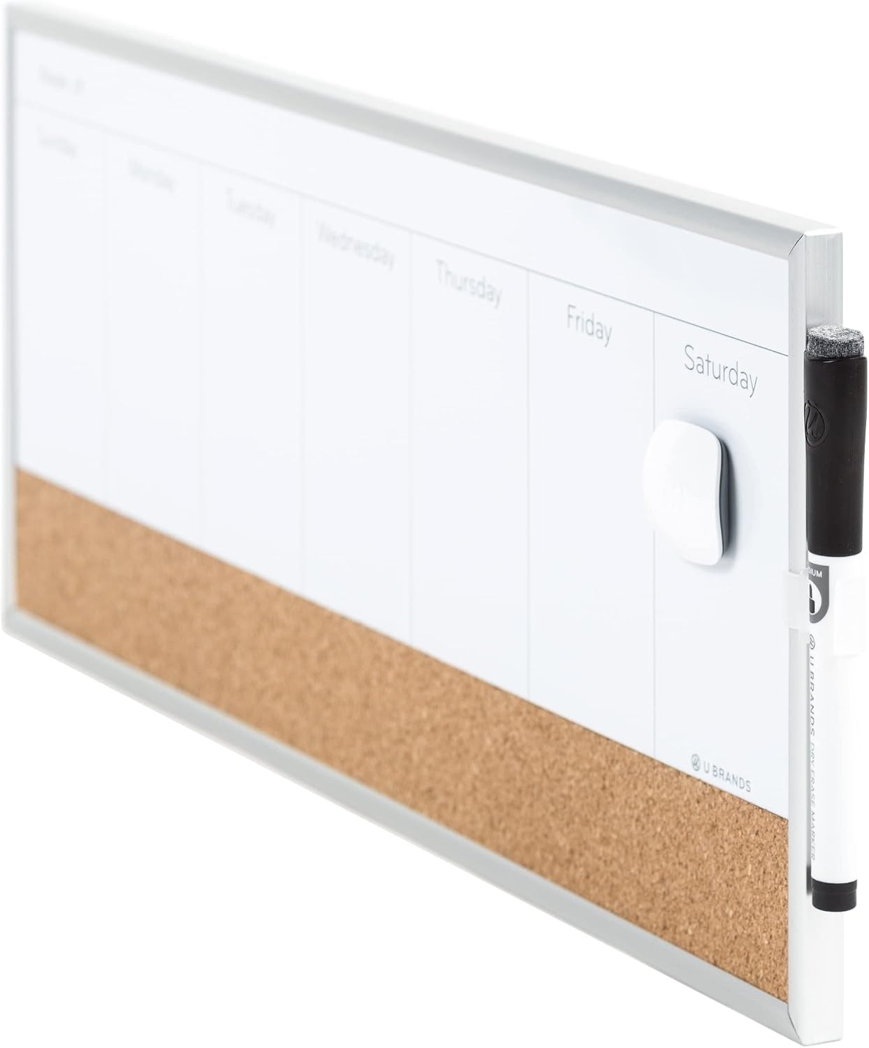 image:imageU Brands Magnetic Dry Erase Weekly Calendar White Board With Cork Strip 18 x 75 Silver Aluminum Frame Includes Magnet Marker18W x 75H