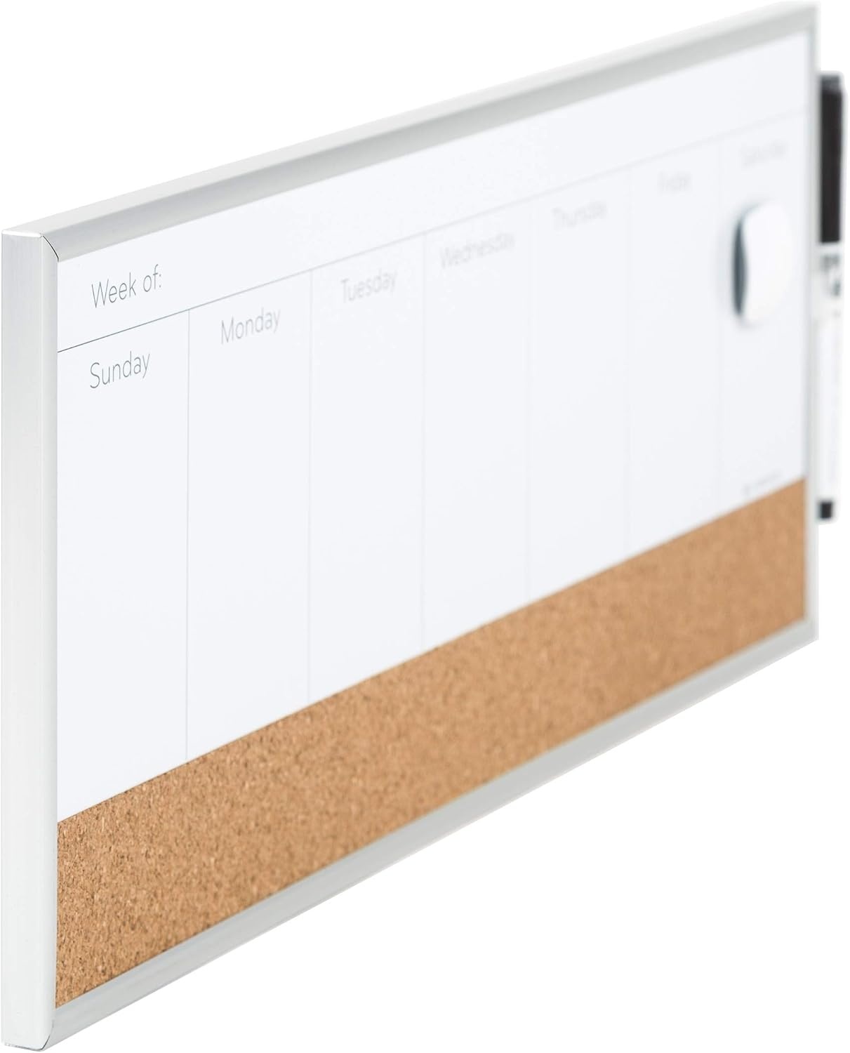 image:imageU Brands Magnetic Dry Erase Weekly Calendar White Board With Cork Strip 18 x 75 Silver Aluminum Frame Includes Magnet Marker18W x 75H