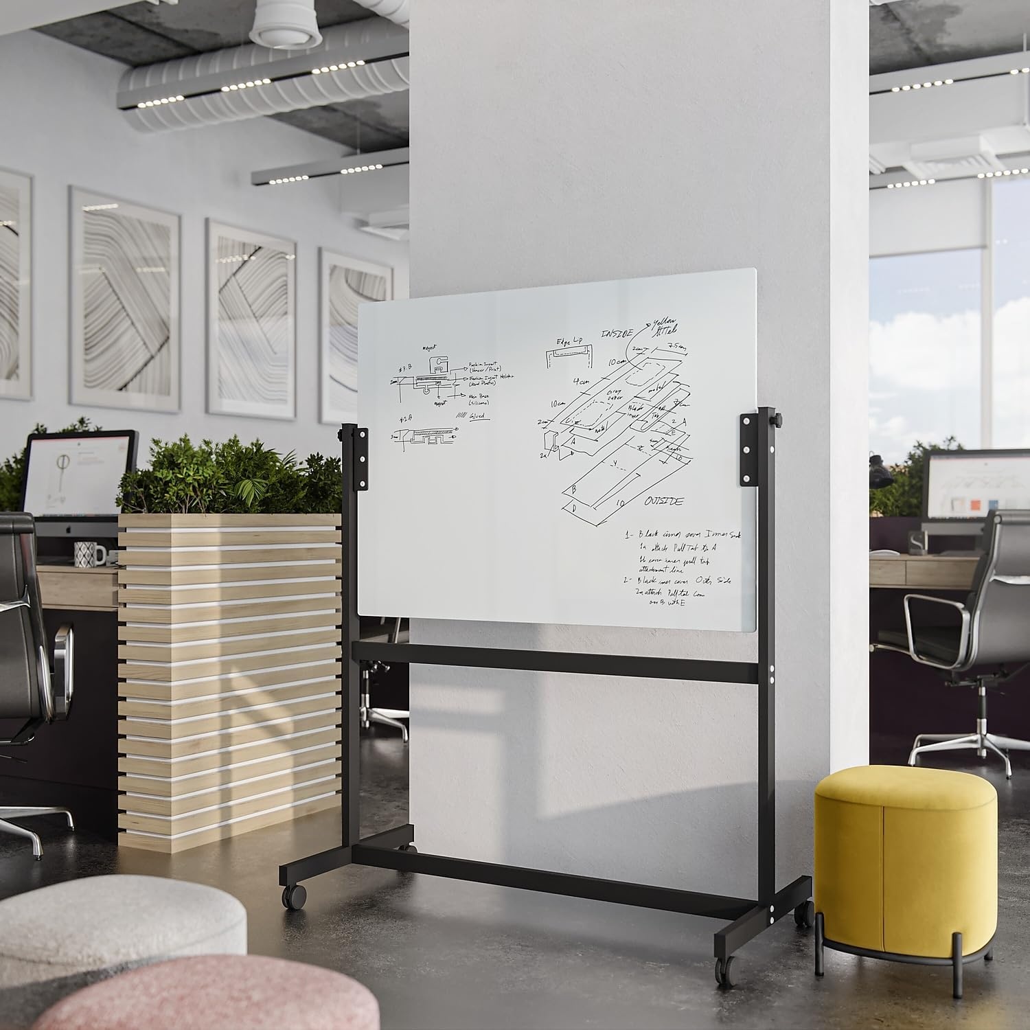 image:imageU Brands Magnetic Glass DryErase Board Rolling Easel 36 x 48 Inches White Frosted Surface