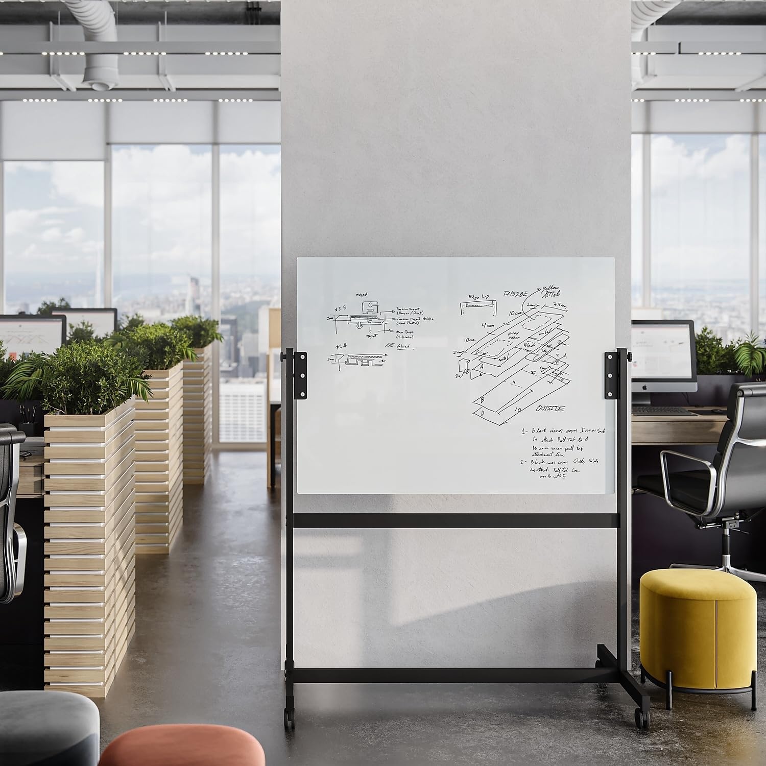 image:imageU Brands Magnetic Glass DryErase Board Rolling Easel 36 x 48 Inches White Frosted Surface