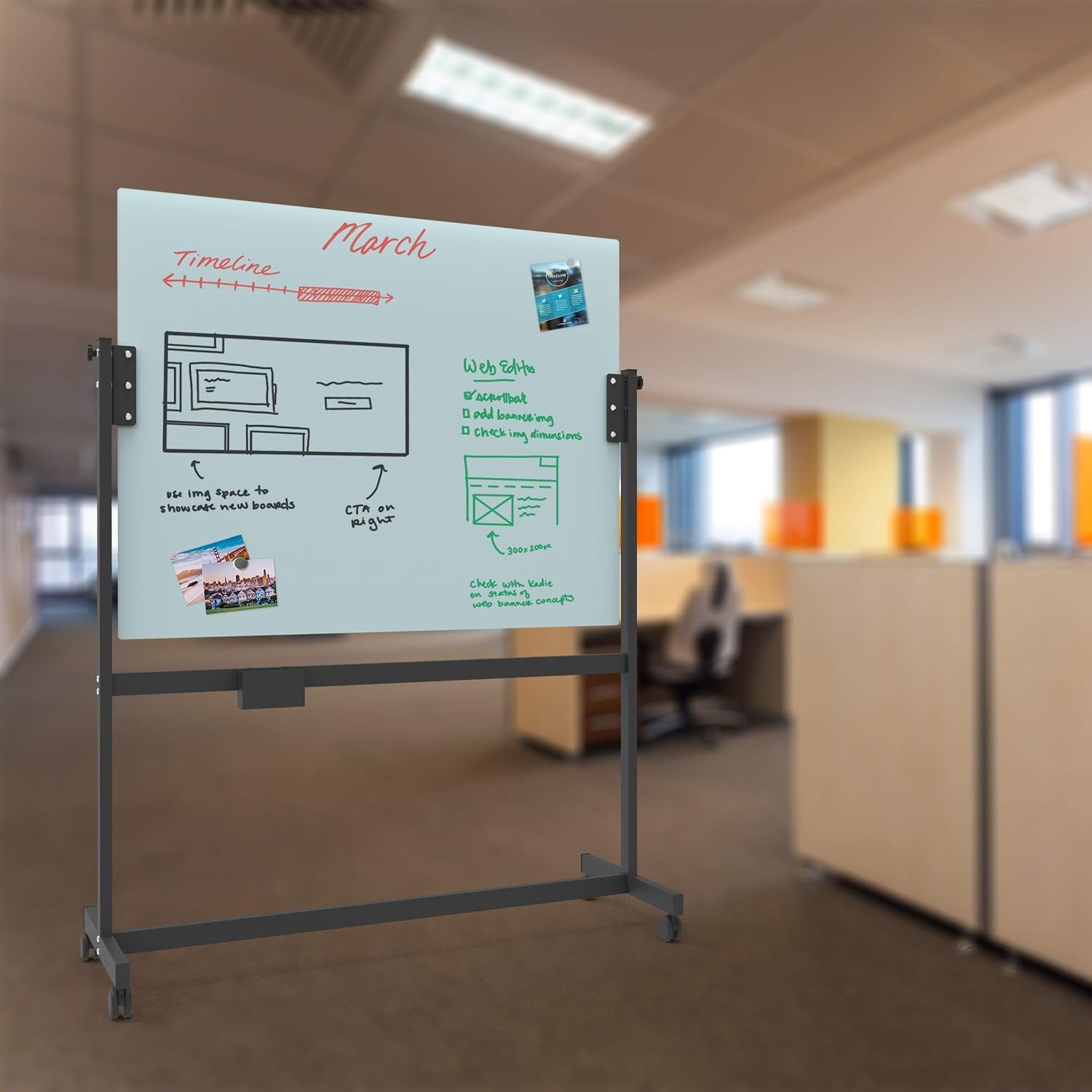 image:imageU Brands Magnetic Glass DryErase Board Rolling Easel 49 X 41 Inches White Frosted Surface