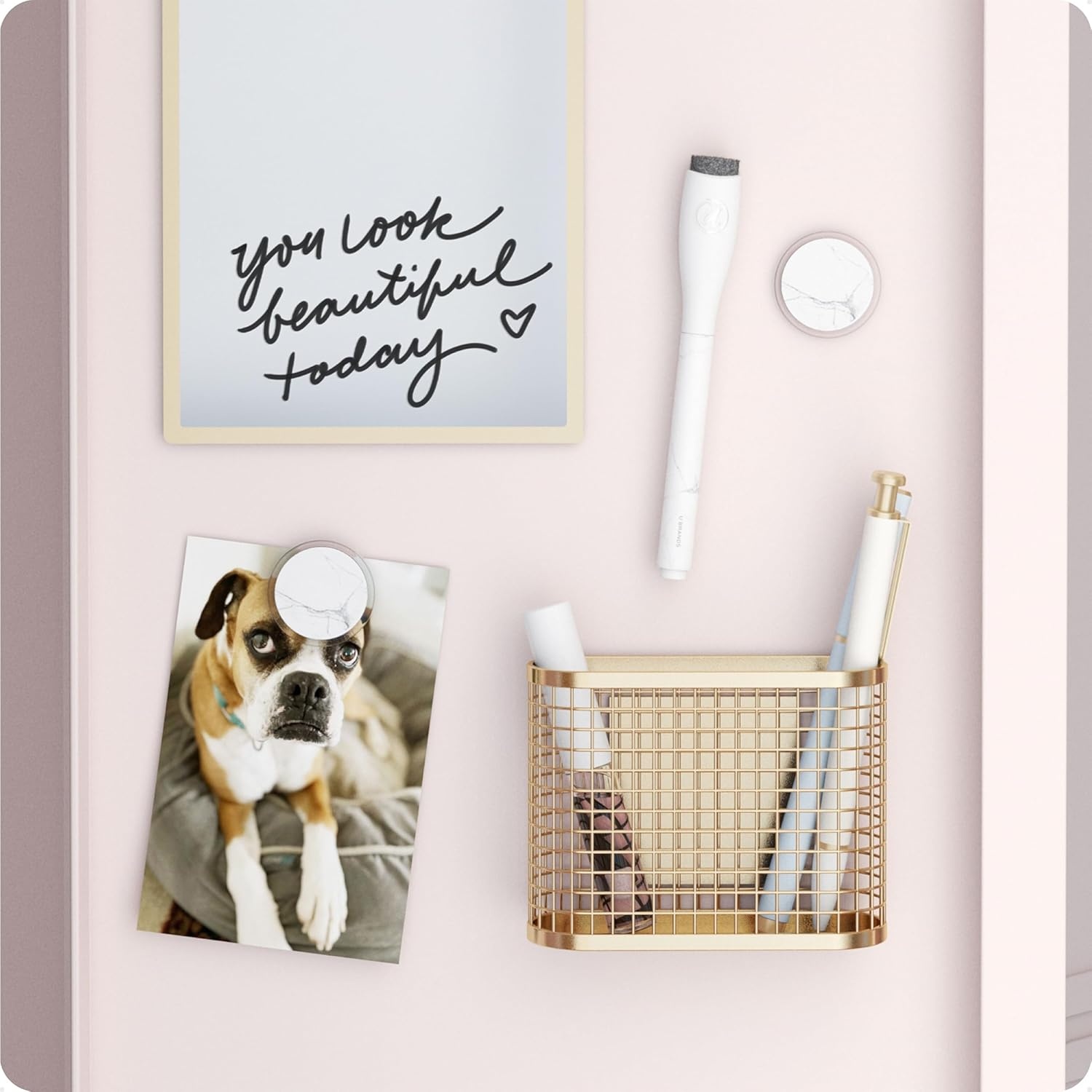 image:imageU Brands Magnetic Locker Accessories and Decorating Kit Back to School Essentials Mirror Markerboard Gold Magnetic Cup Marble Magnets and Dry Erase MarkerGold Accented White