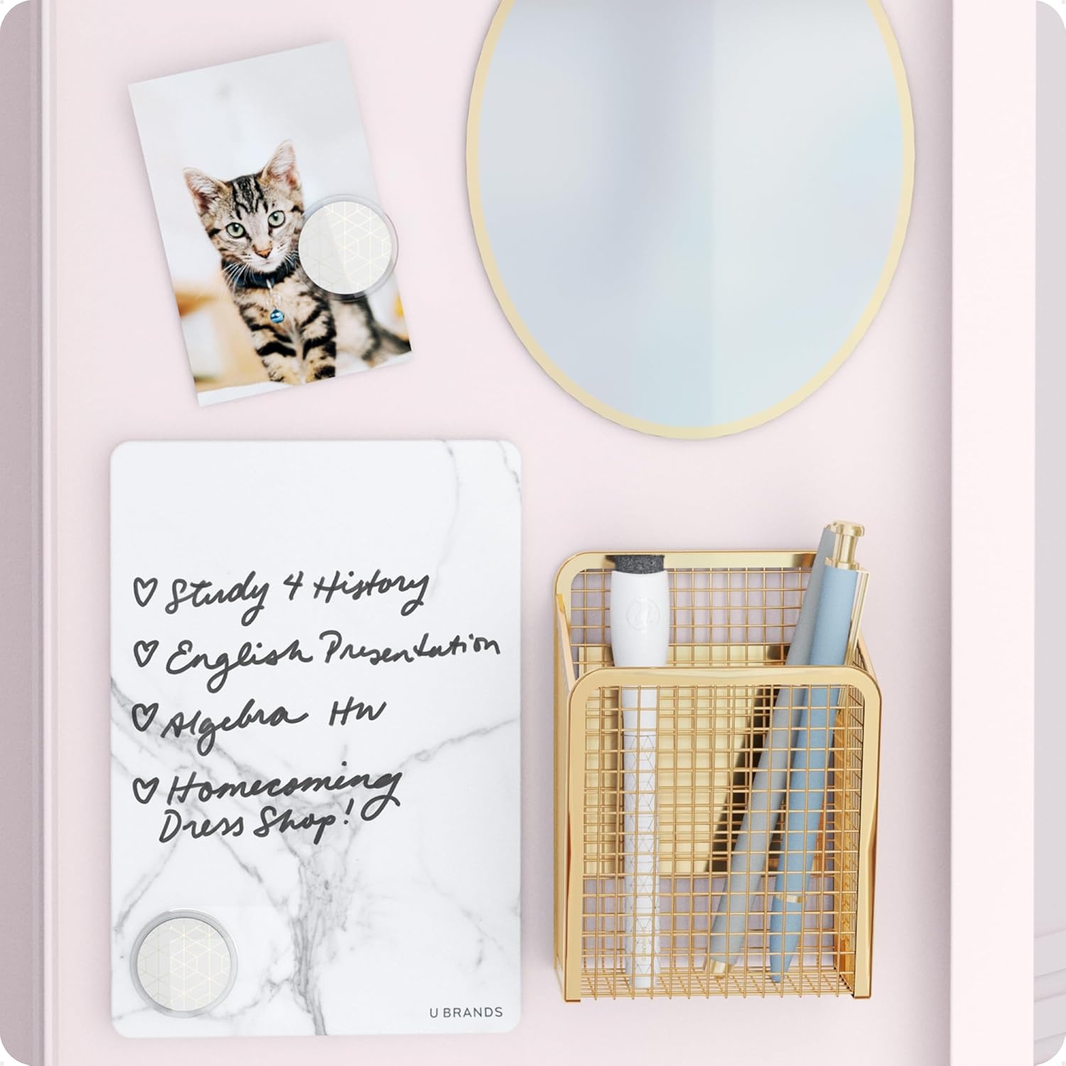 image:imageU Brands Magnetic Locker Accessories and Decorating Kit Back to School Essentials Mirror Markerboard Gold Magnetic Cup Marble Magnets and Dry Erase MarkerGold and Marble
