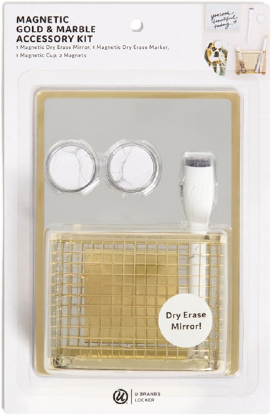 image:imageU Brands Magnetic Locker Accessories and Decorating Kit Back to School Essentials Mirror Markerboard Gold Magnetic Cup Marble Magnets and Dry Erase MarkerGold Accented White