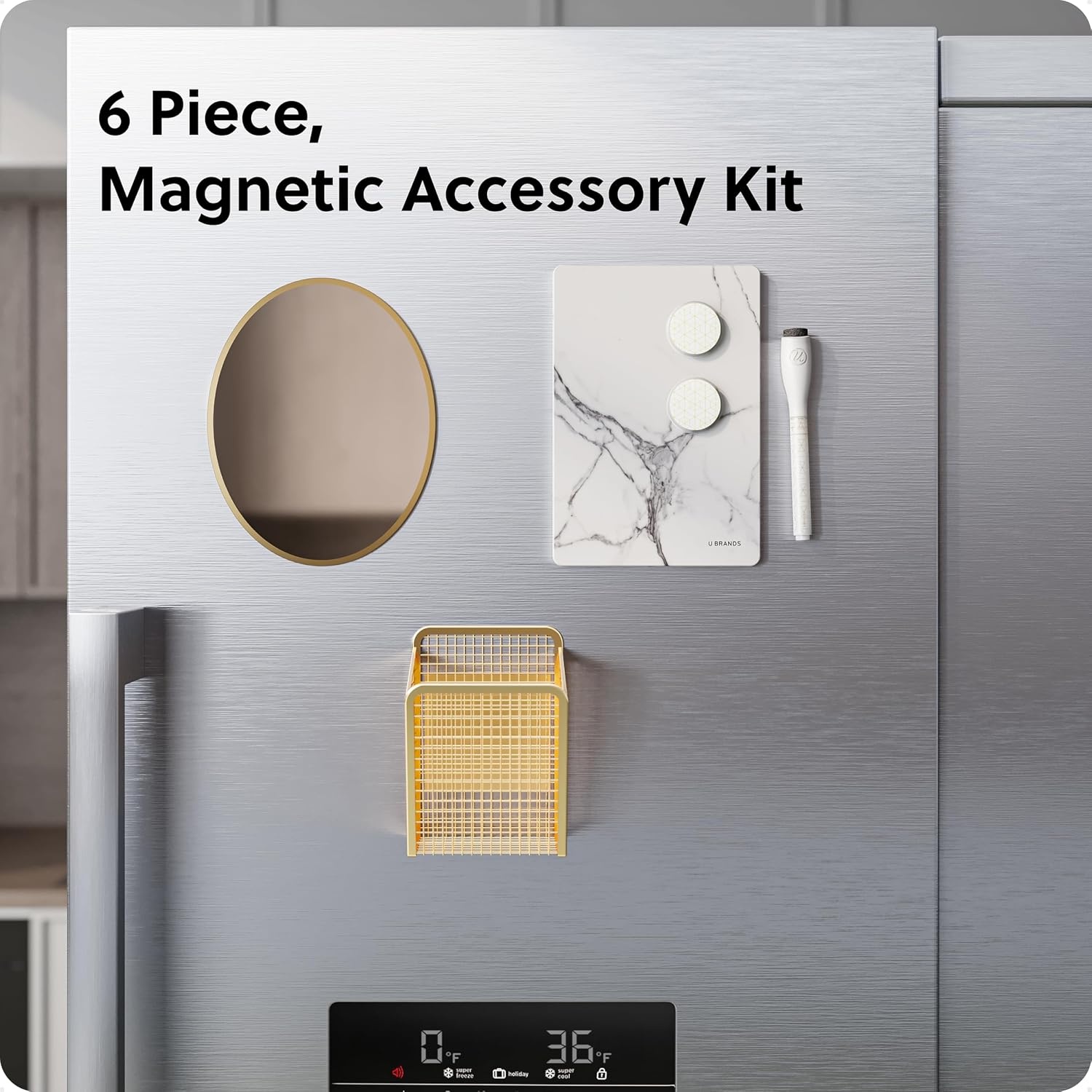 image:imageU Brands Magnetic Locker Accessories and Decorating Kit Back to School Essentials Mirror Markerboard Gold Magnetic Cup Marble Magnets and Dry Erase MarkerGold and Marble