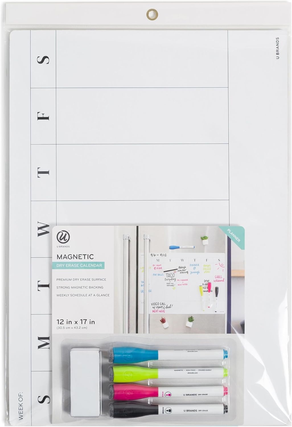 image:imageU Brands Magnetic Vinyl Weekly Dry Erase Calendar White Board Office Supplies with Eraser and Markers 12 x 17