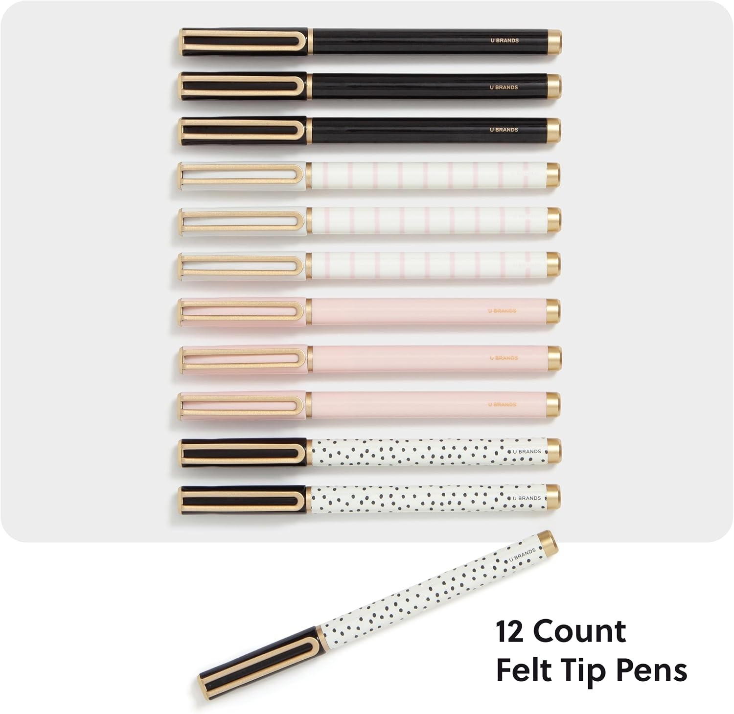 image:imageU Brands Midnight Catalina Felt Tip Pens Set of 12 Soft Touch With Black Metal Details Medium 07 mm Point Black InkDots and Stripes