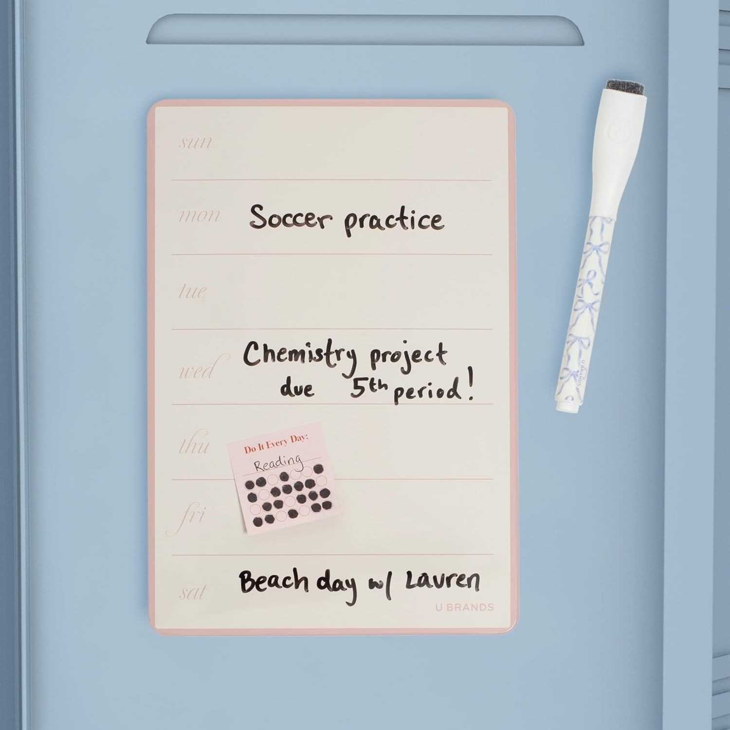 image:imageU Brands Mini Weekly Calendar Whiteboard for Locker Pink Magnetic Dry Erase Calendar White Board 55 x 8 Small Fridge White Board Mini Whiteboard for Locker Includes Dry Erase Marker