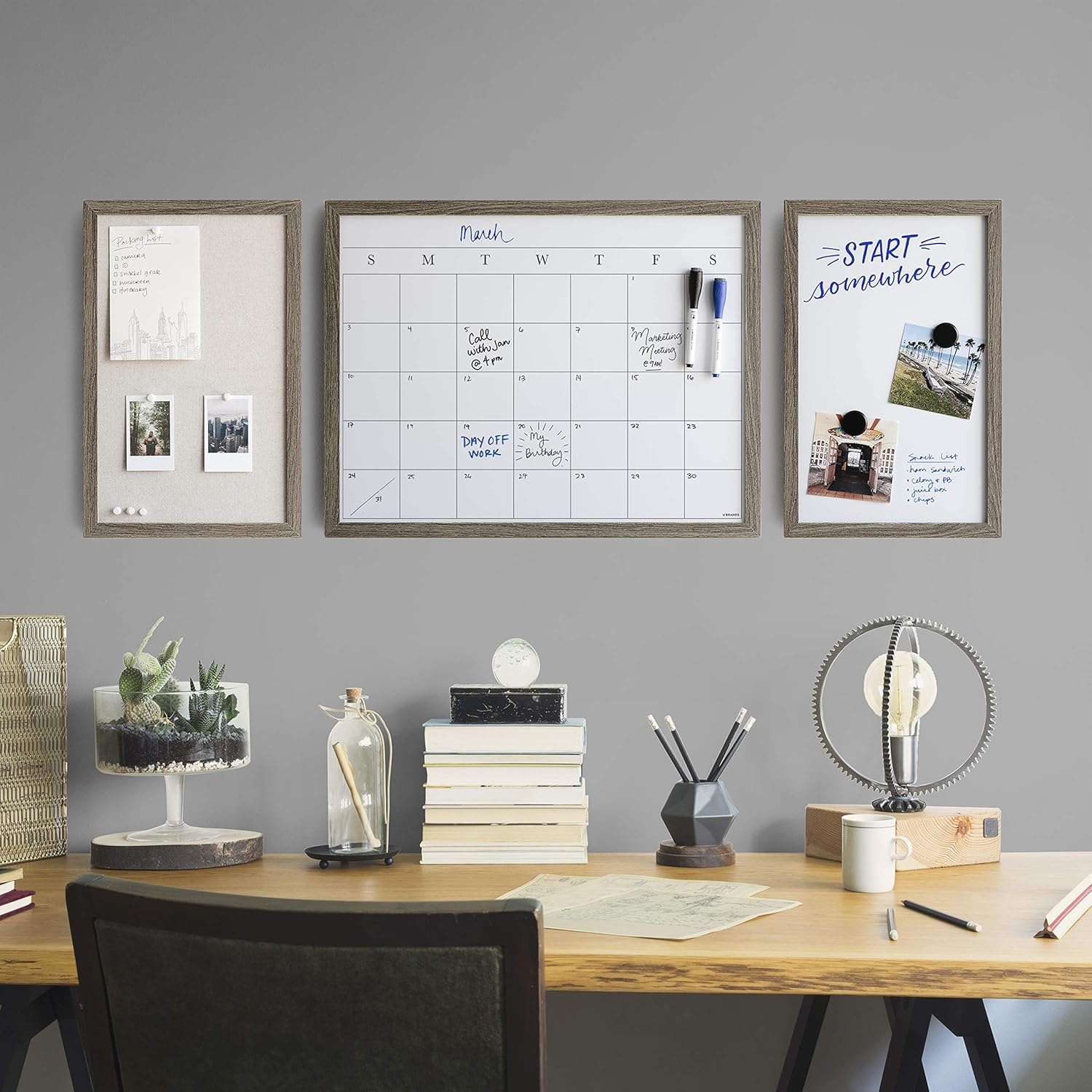 image:imageU Brands Organization Center Kit Rustic Wood Frame Includes Magnetic Dry Erase Calendar Magnetic Whiteboard Linen Bulletin Board Along with 6 Pins 4 Markers and 4 Magnets 4835U0001