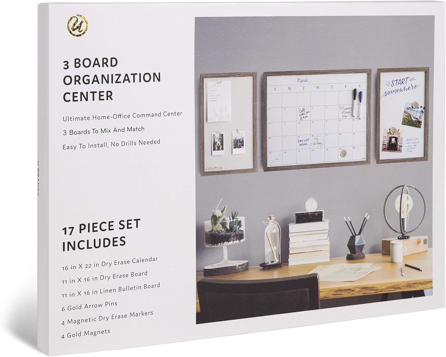 image:imageU Brands Organization Center Kit Rustic Wood Frame Includes Magnetic Dry Erase Calendar Magnetic Whiteboard Linen Bulletin Board Along with 6 Pins 4 Markers and 4 Magnets 4835U0001