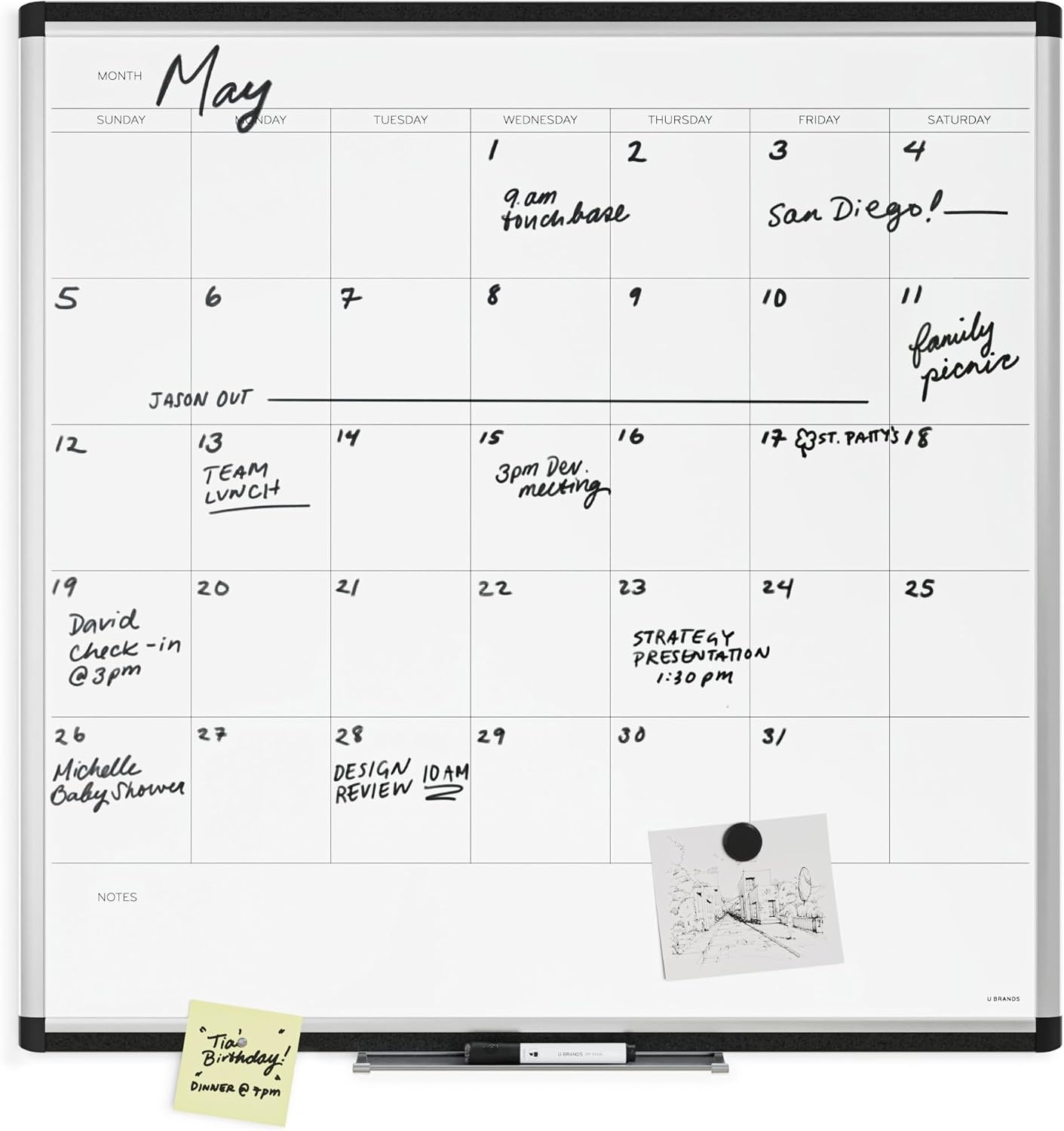 image:imageU Brands PINIT Magnetic Dry Erase Monthly Calendar White Board with Cork Pin Strips Across The Top and Bottom 36 x 24 Inches Silver Aluminum Frame35W x 35H