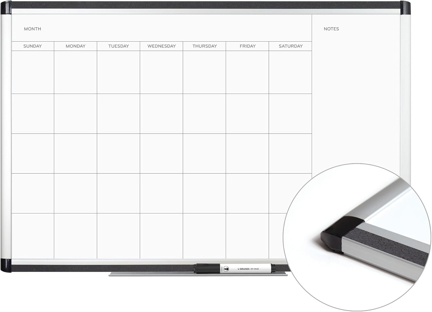 image:imageU Brands PINIT Magnetic Dry Erase Monthly Calendar White Board with Cork Pin Strips Across The Top and Bottom 36 x 24 Inches Silver Aluminum Frame35W x 23H