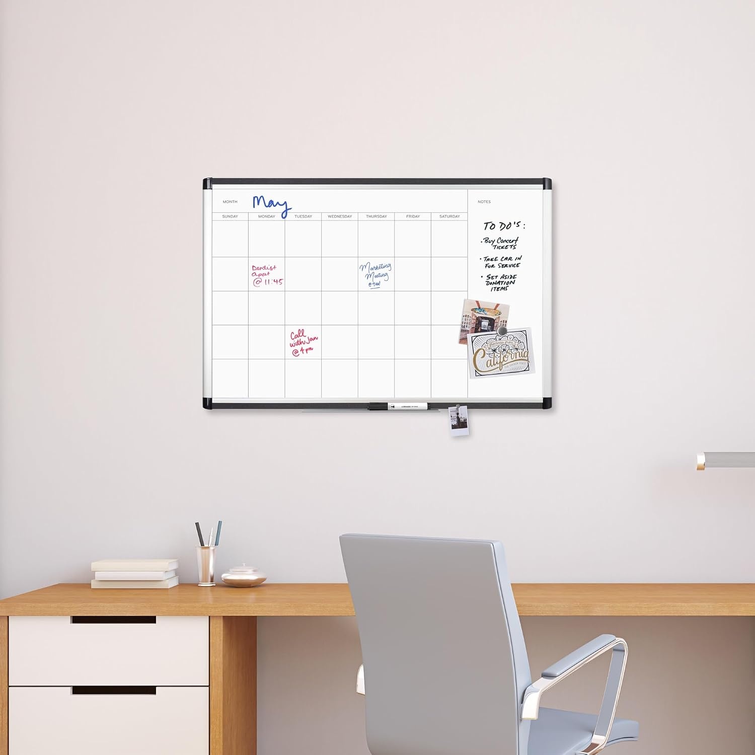 image:imageU Brands PINIT Magnetic Dry Erase Monthly Calendar White Board with Cork Pin Strips Across The Top and Bottom 36 x 24 Inches Silver Aluminum Frame35W x 23H