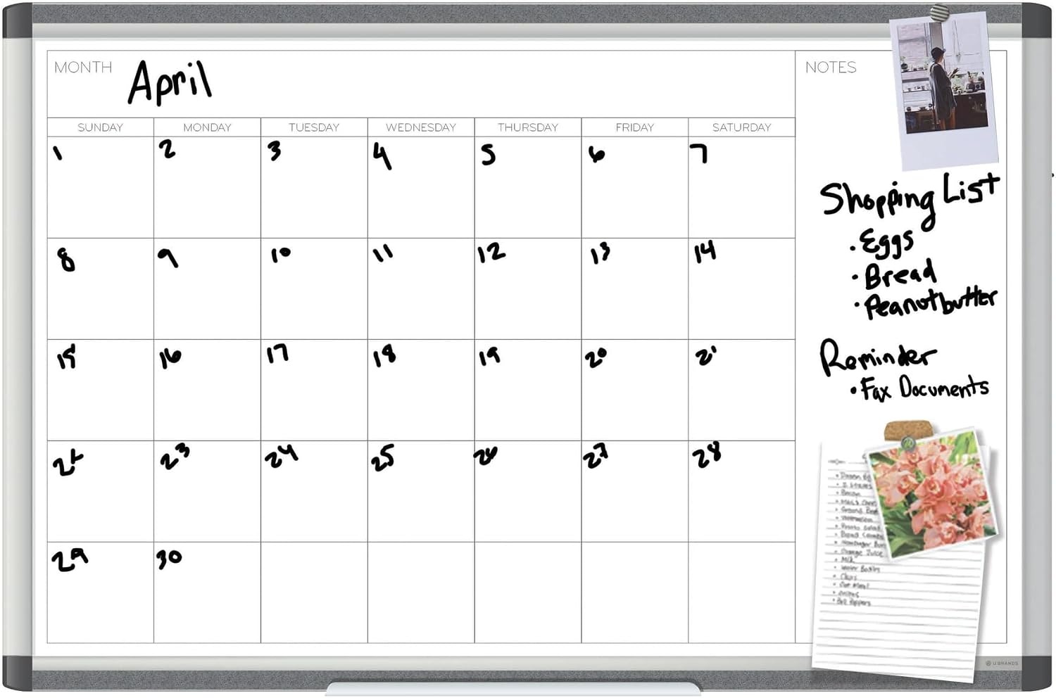 image:imageU Brands PINIT Magnetic Dry Erase Monthly Calendar White Board with Cork Pin Strips Across The Top and Bottom 36 x 24 Inches Silver Aluminum Frame35W x 23H