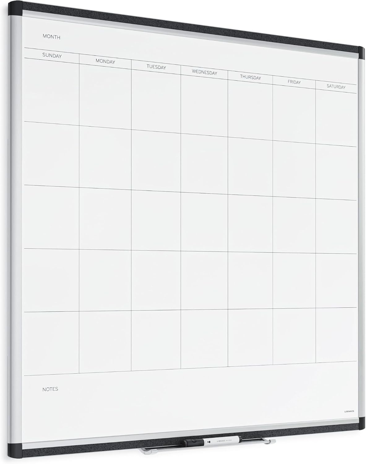image:imageU Brands PINIT Magnetic Dry Erase Monthly Calendar White Board with Cork Pin Strips Across The Top and Bottom 36 x 24 Inches Silver Aluminum Frame35W x 35H