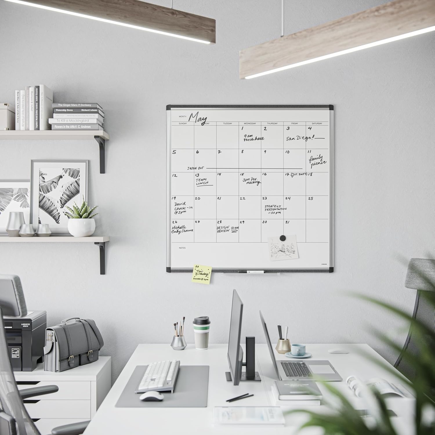 image:imageU Brands PINIT Magnetic Dry Erase Monthly Calendar White Board with Cork Pin Strips Across The Top and Bottom 36 x 24 Inches Silver Aluminum Frame35W x 35H