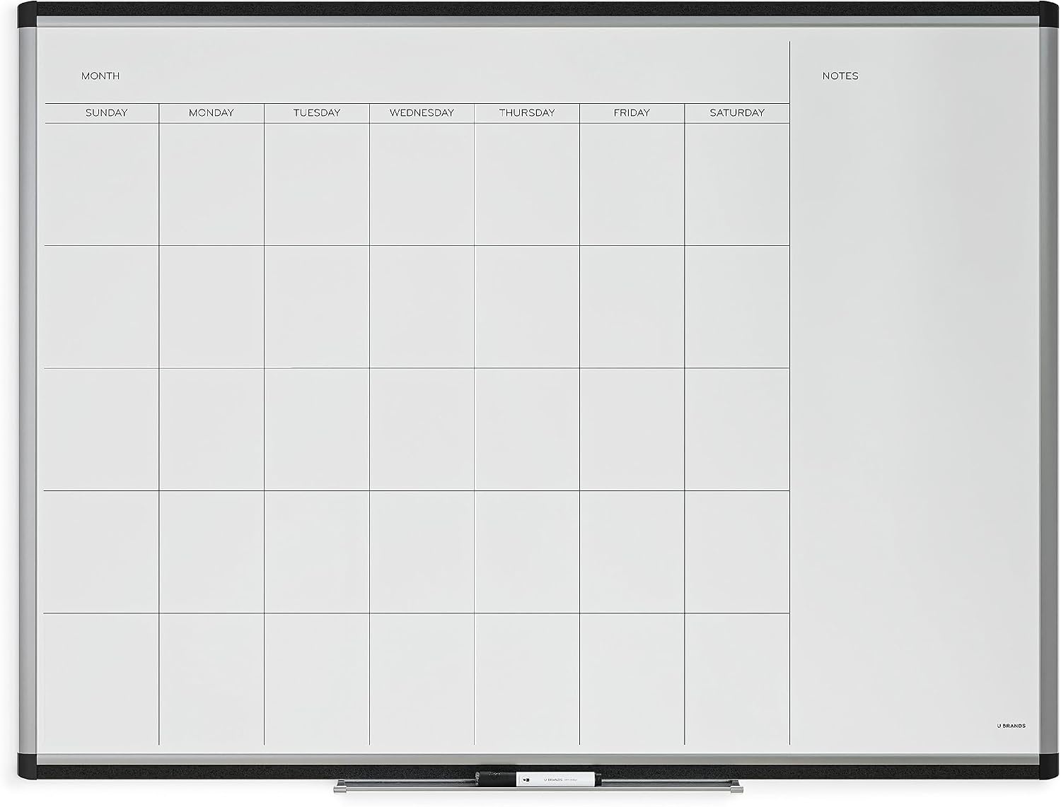 image:imageU Brands PINIT Magnetic Dry Erase Monthly Calendar White Board with Cork Pin Strips Across The Top and Bottom 36 x 24 Inches Silver Aluminum Frame47W x 35H