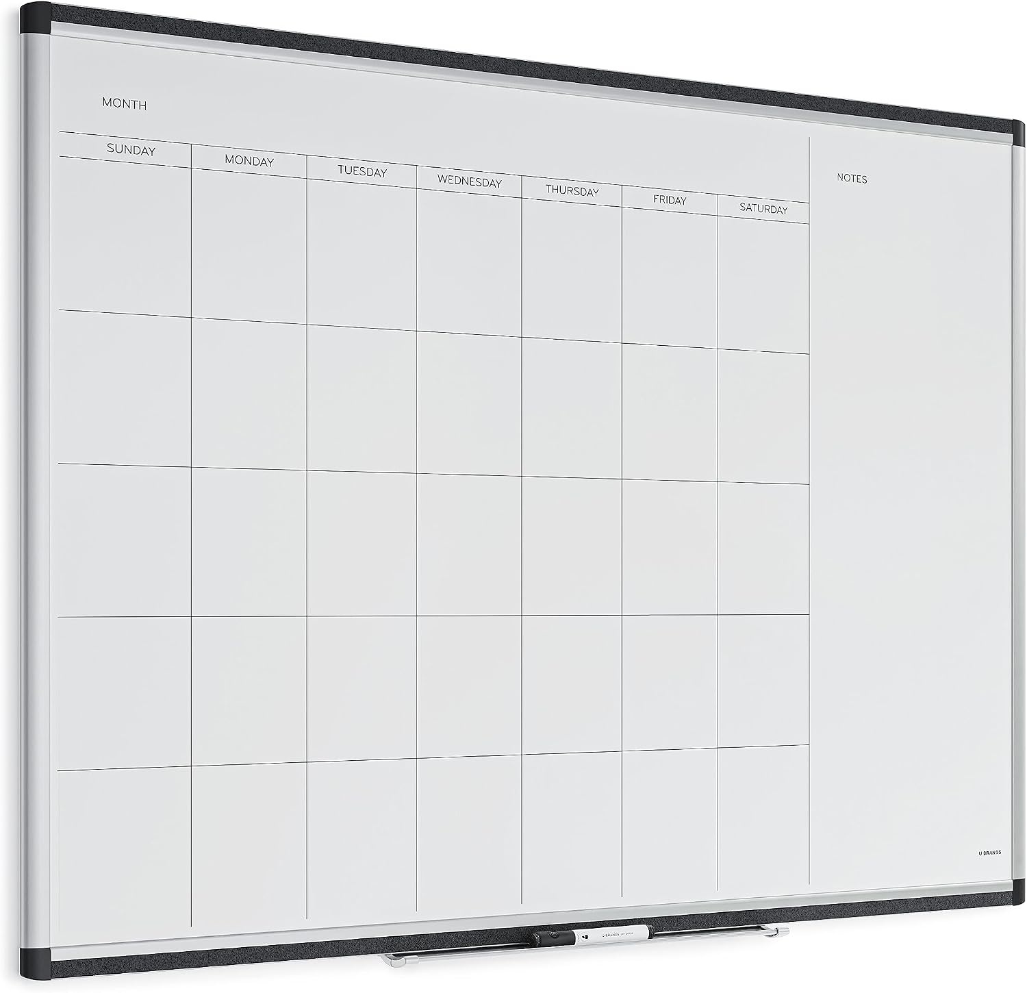 image:imageU Brands PINIT Magnetic Dry Erase Monthly Calendar White Board with Cork Pin Strips Across The Top and Bottom 36 x 24 Inches Silver Aluminum Frame47W x 35H
