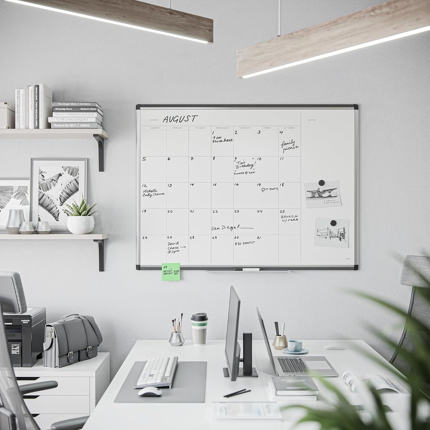 image:imageU Brands PINIT Magnetic Dry Erase Monthly Calendar White Board with Cork Pin Strips Across The Top and Bottom 36 x 24 Inches Silver Aluminum Frame47W x 35H