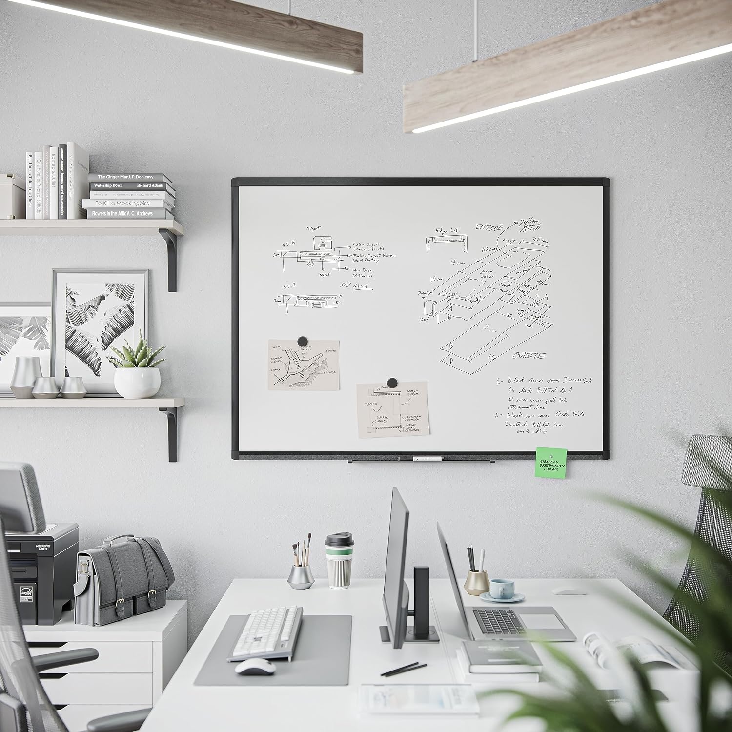 image:imageU Brands PINIT Magnetic Dry Erase White Board Black Aluminum Frame with Pin Strips Across the Top and Bottom 48 W x 36 H