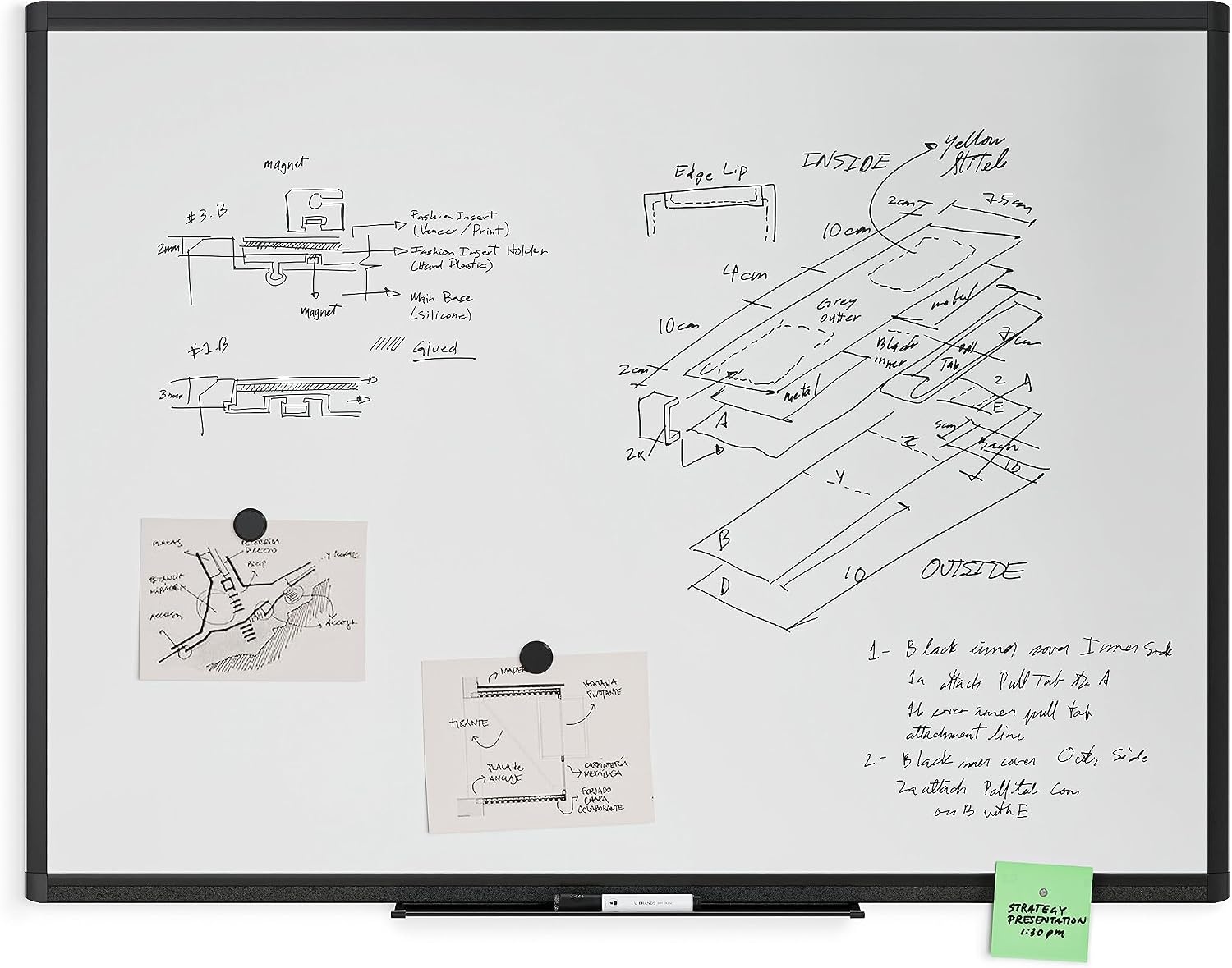 image:imageU Brands PINIT Magnetic Dry Erase White Board Black Aluminum Frame with Pin Strips Across the Top and Bottom 48 W x 36 H