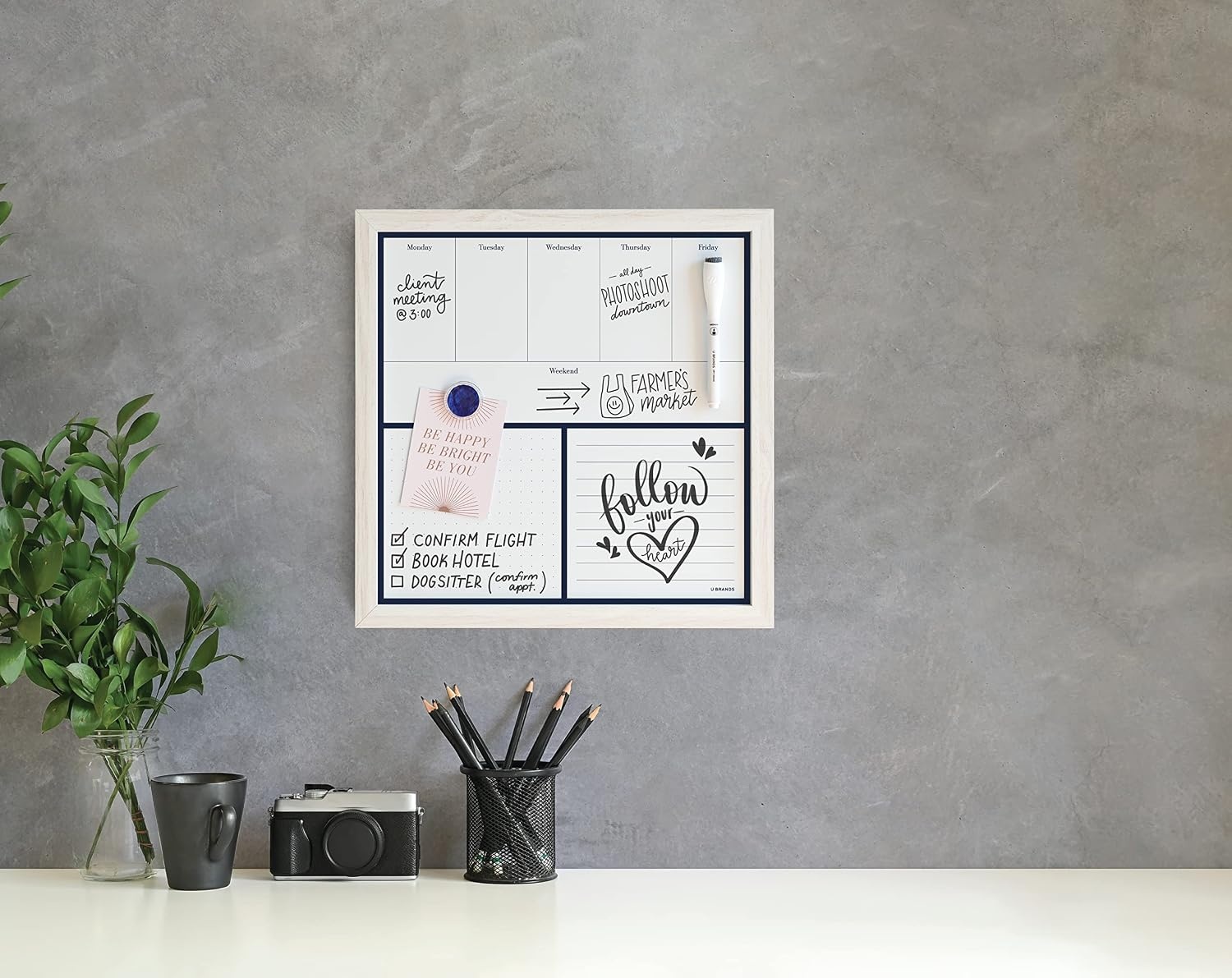 image:imageU Brands Rustic Linen Bulletin Board 14 x 14 White Wood Style Frame Industrial Grade Pinning Surface Includes Push PinsDry Erase Board Weekly