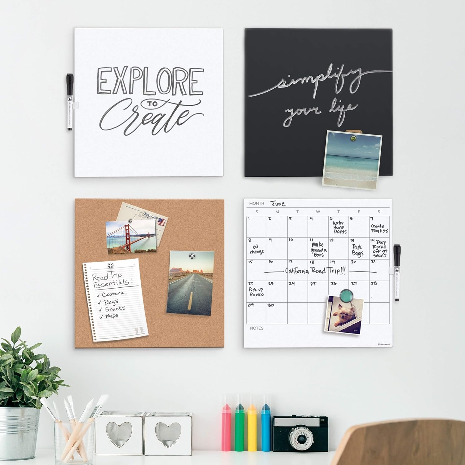 image:imageU Brands Tile Whiteboard and Bulletin Board Value Pack with Undated One Month Calendar 14 x 14 2 PiecesWhite
