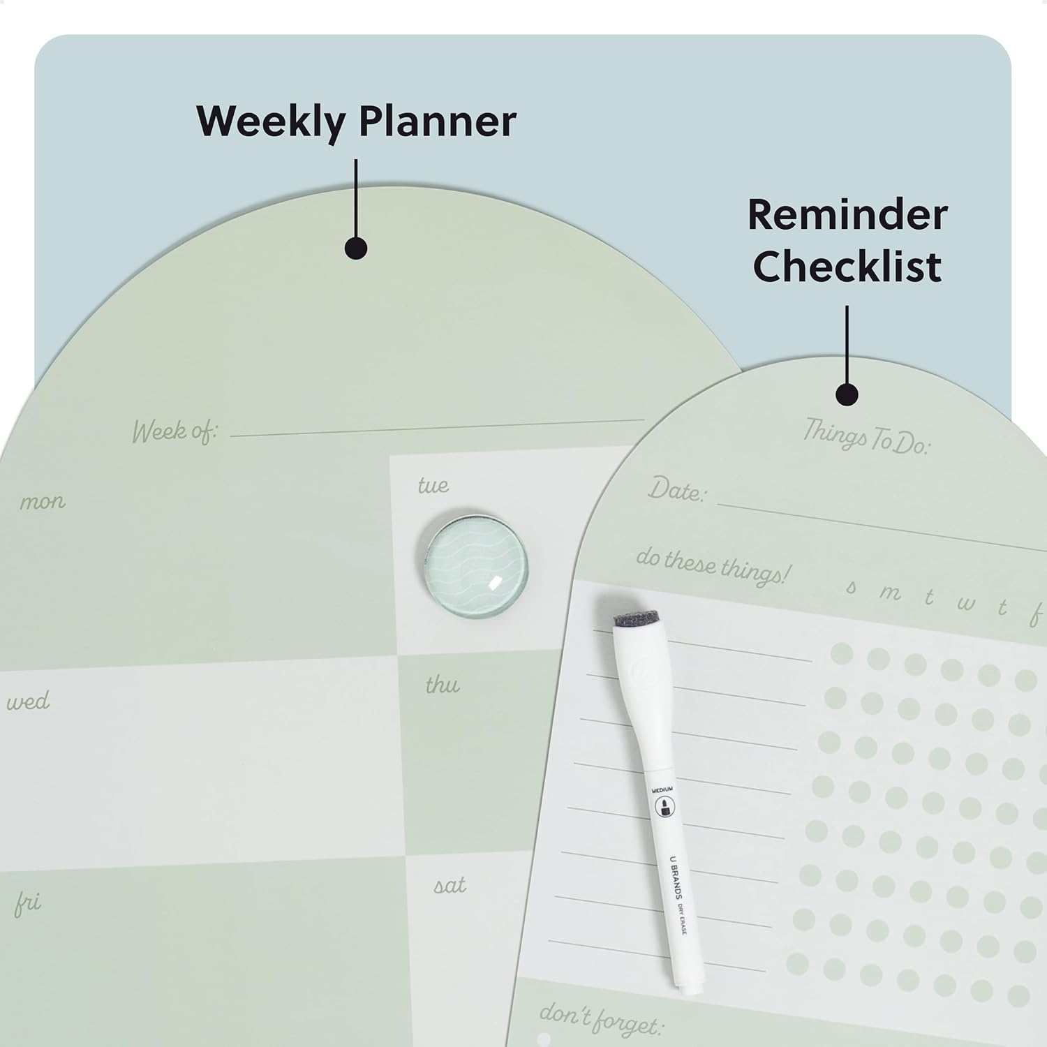 image:imageU Brands Vinyl Magnetic Calendar Whiteboard Planner Value Pack 11 x 14 Weekly Planner amp 7 x 14 Reminder Checklist Dry Erase Board for Fridge Sage Green Includes Marker amp Magnet